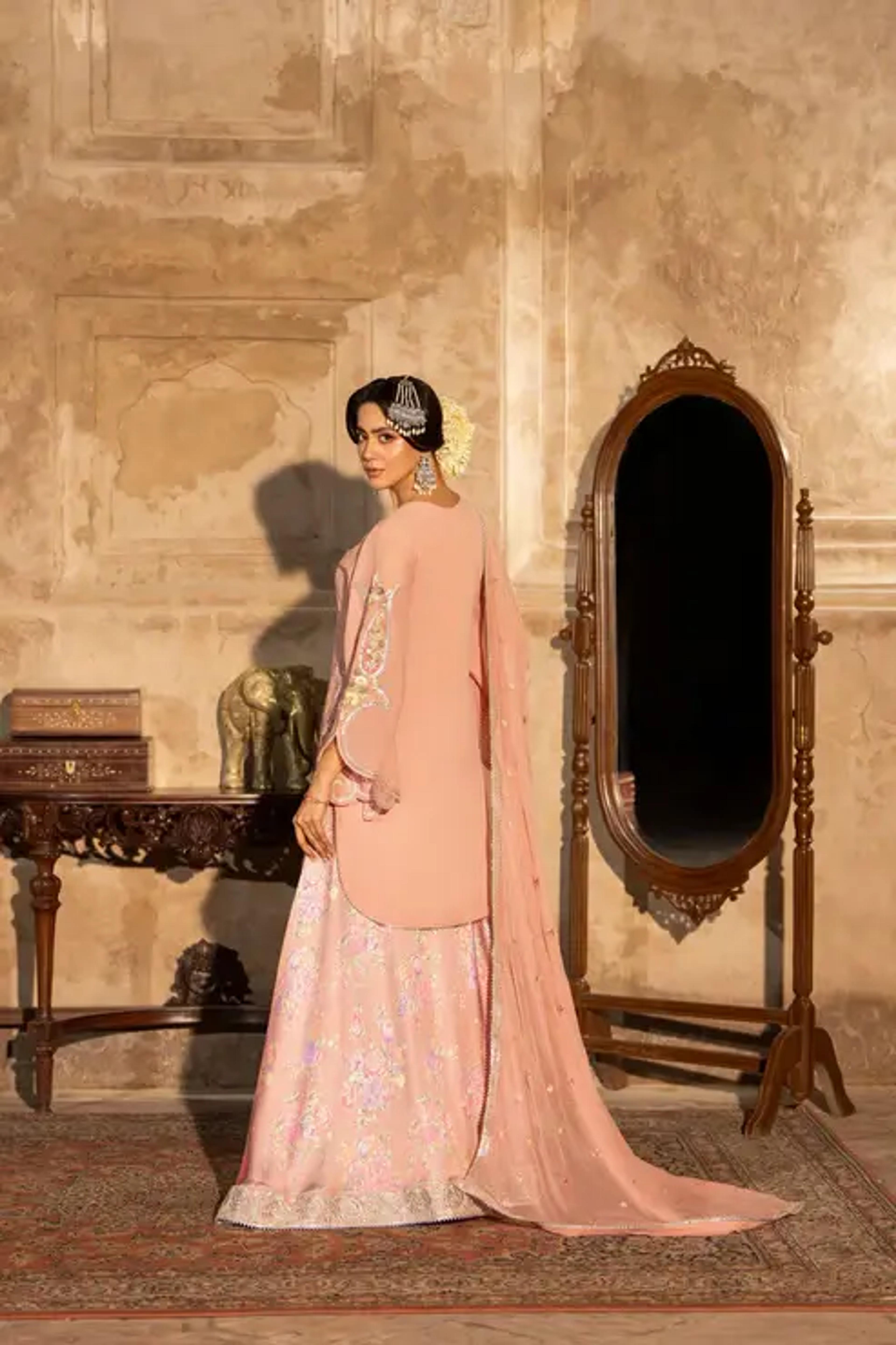 Embroidered Shirt with Printed Silk Sharara - Thumbnail 6