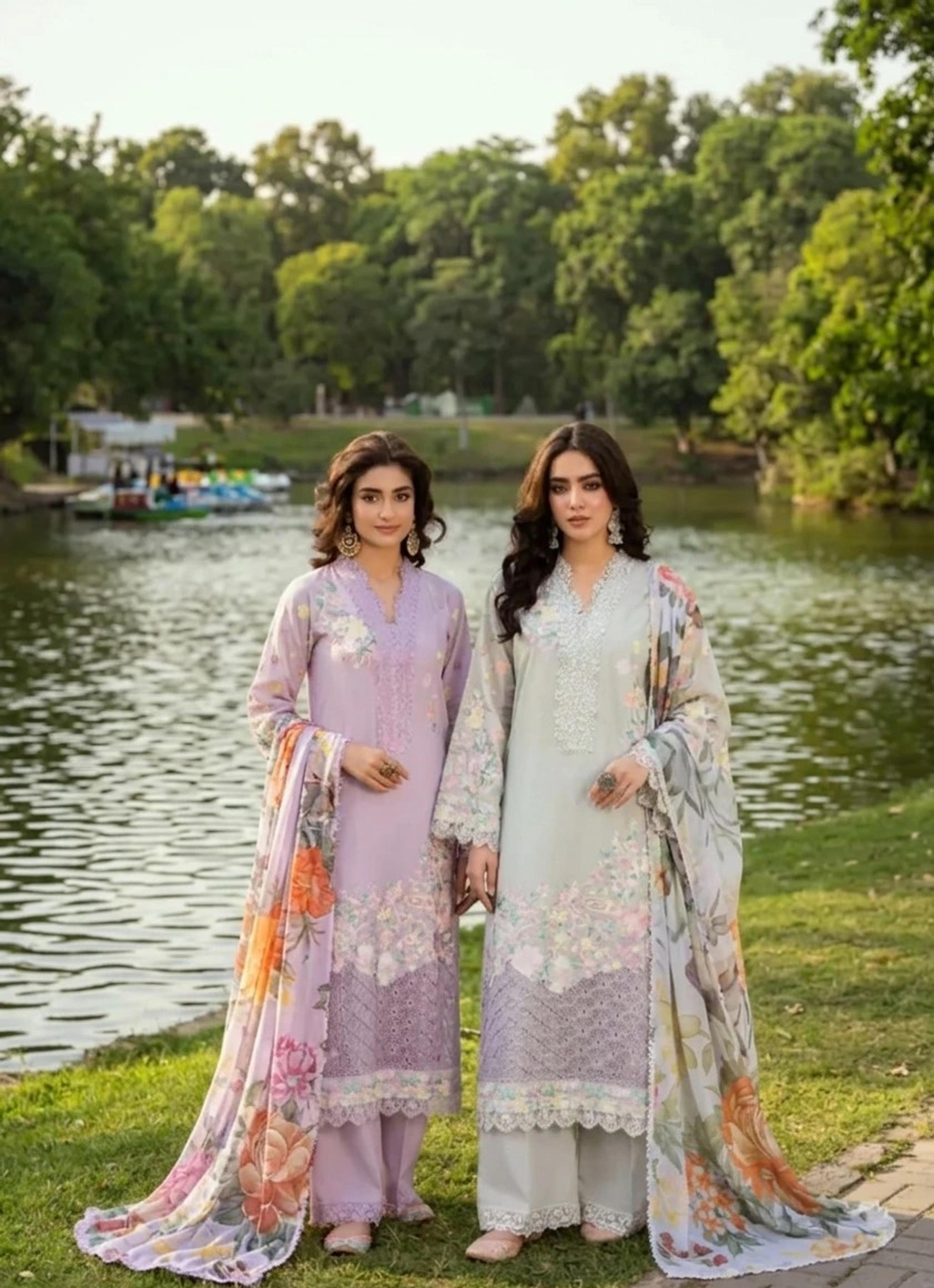 Thread-Work High-Neck Long Shirt with Printed Dupatta - Thumbnail 1