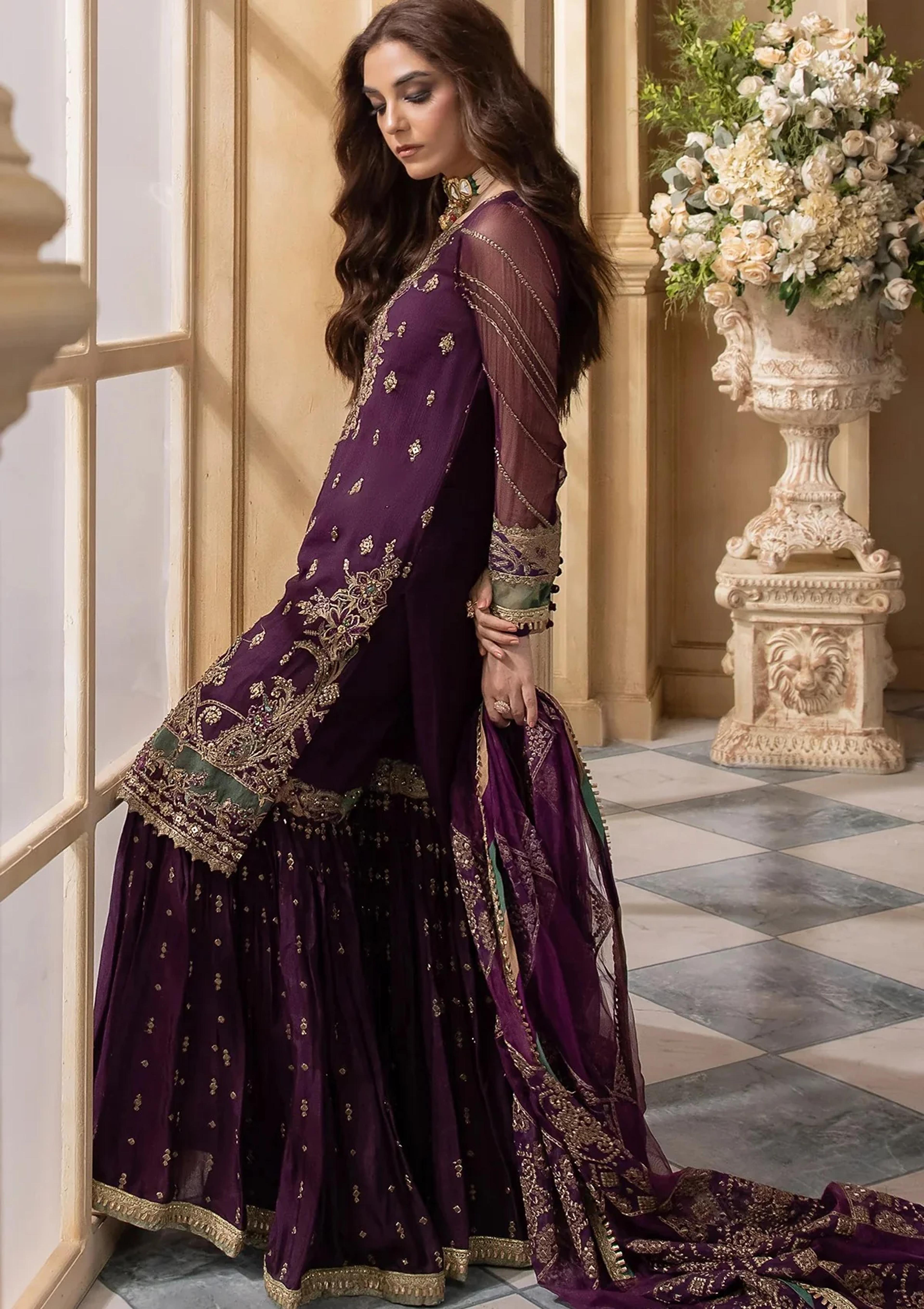 Embroidered Plum Gharara Suit - Thumbnail 5