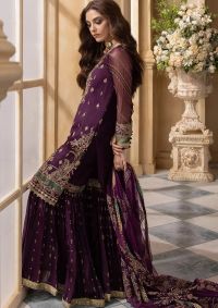 Embroidered Plum Gharara Suit - Thumbnail 5