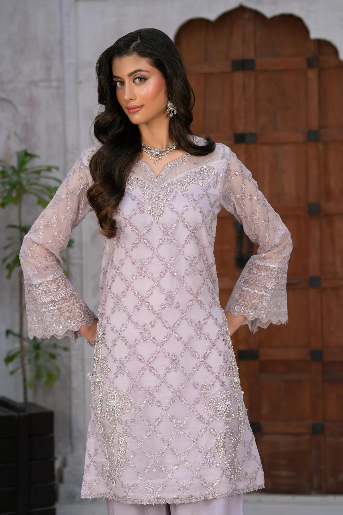 Shirt with Silver Kora Dabka Work & Trousers - Image 5