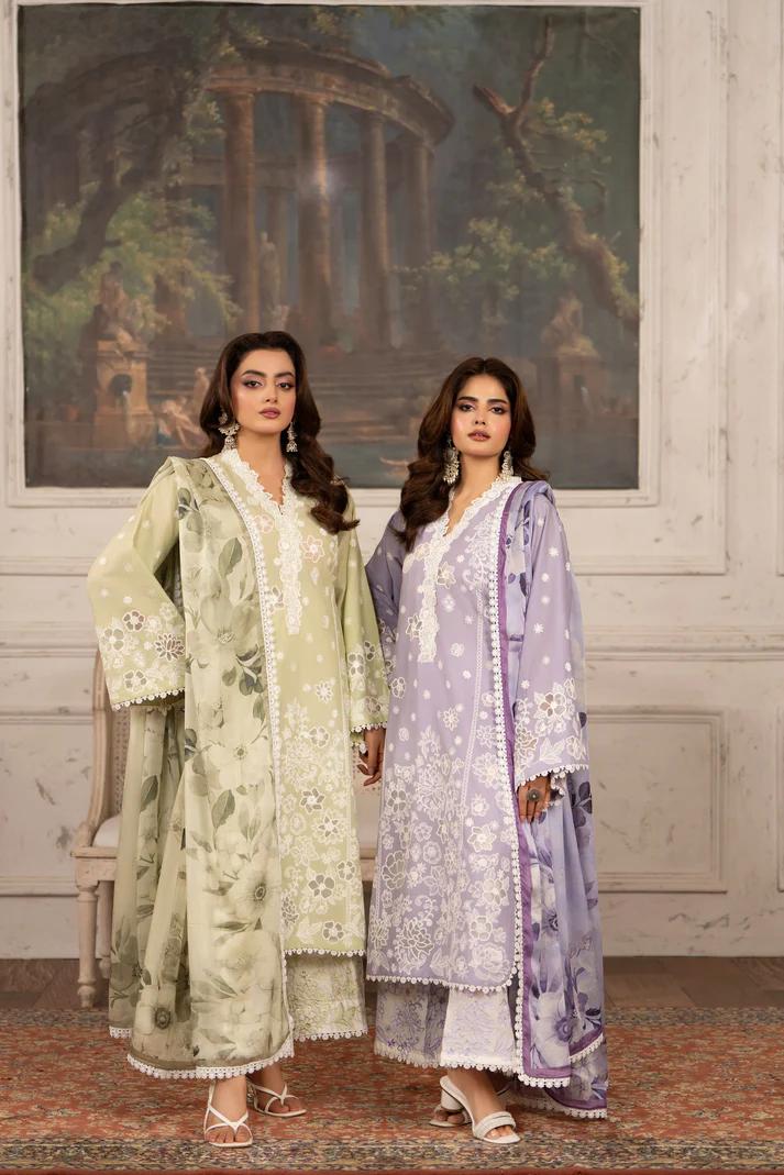 Organza Cutwork 3D Flower Suit & Chiffon Dupatta - Image 1