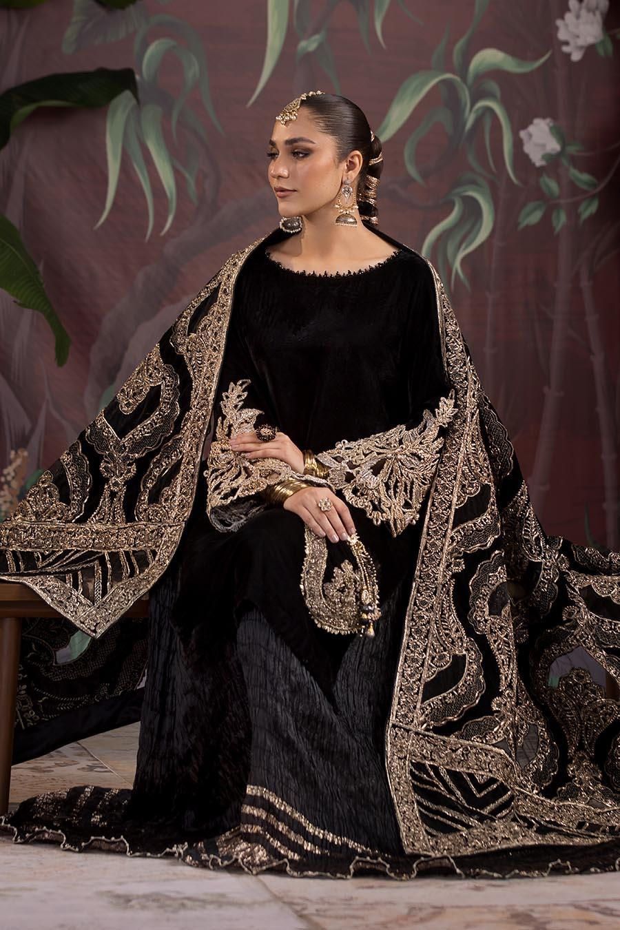 Embroidered Velvet Suit with Net Shawl - Image 6