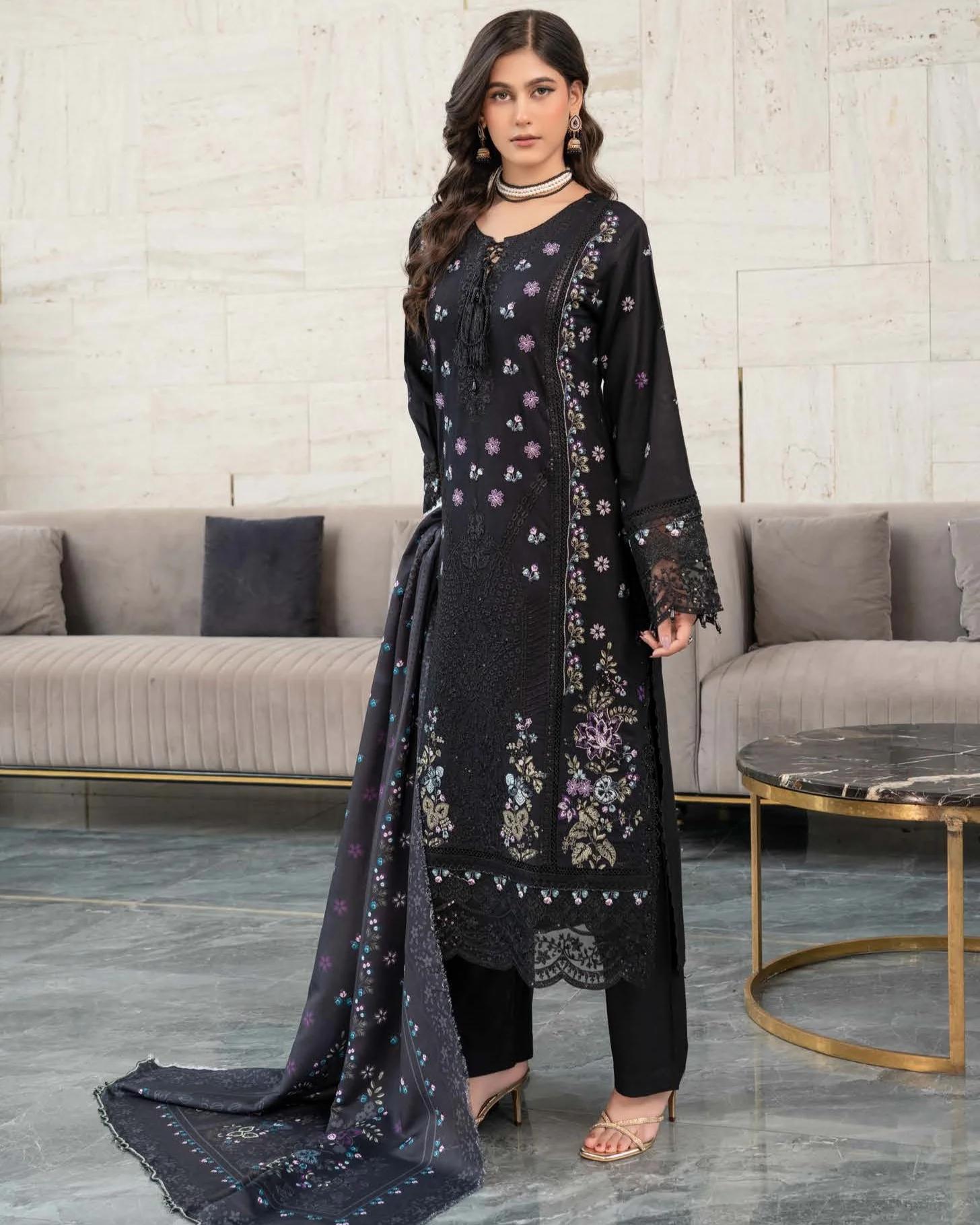 Embroidered Suit with Lace Up Neckline