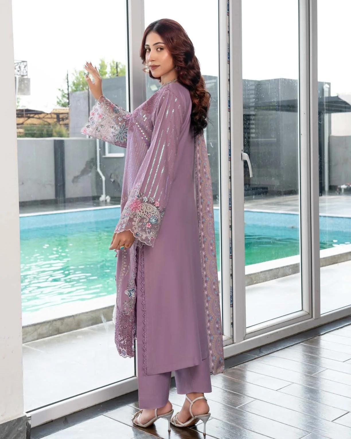 Embroidered Dhanak 3 Piece Suit - Image 2