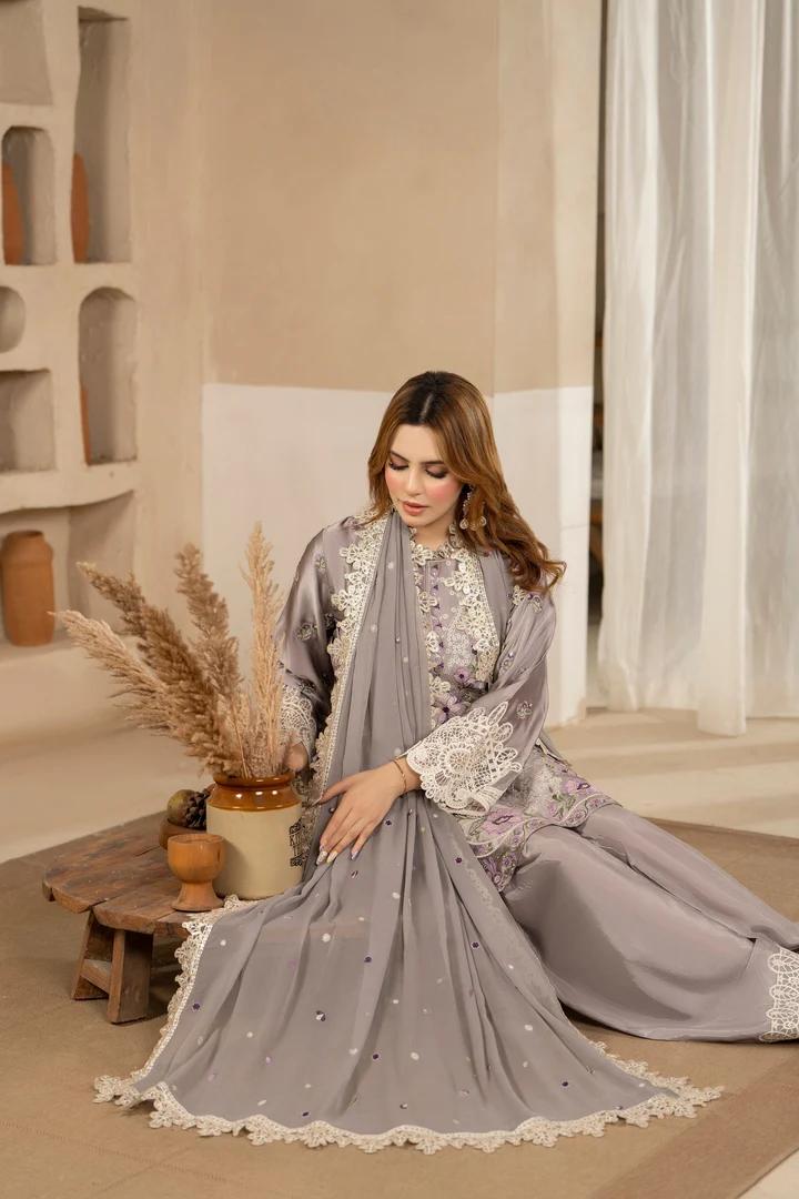 Multi Thread Embroidered Silk Suit - Image 10