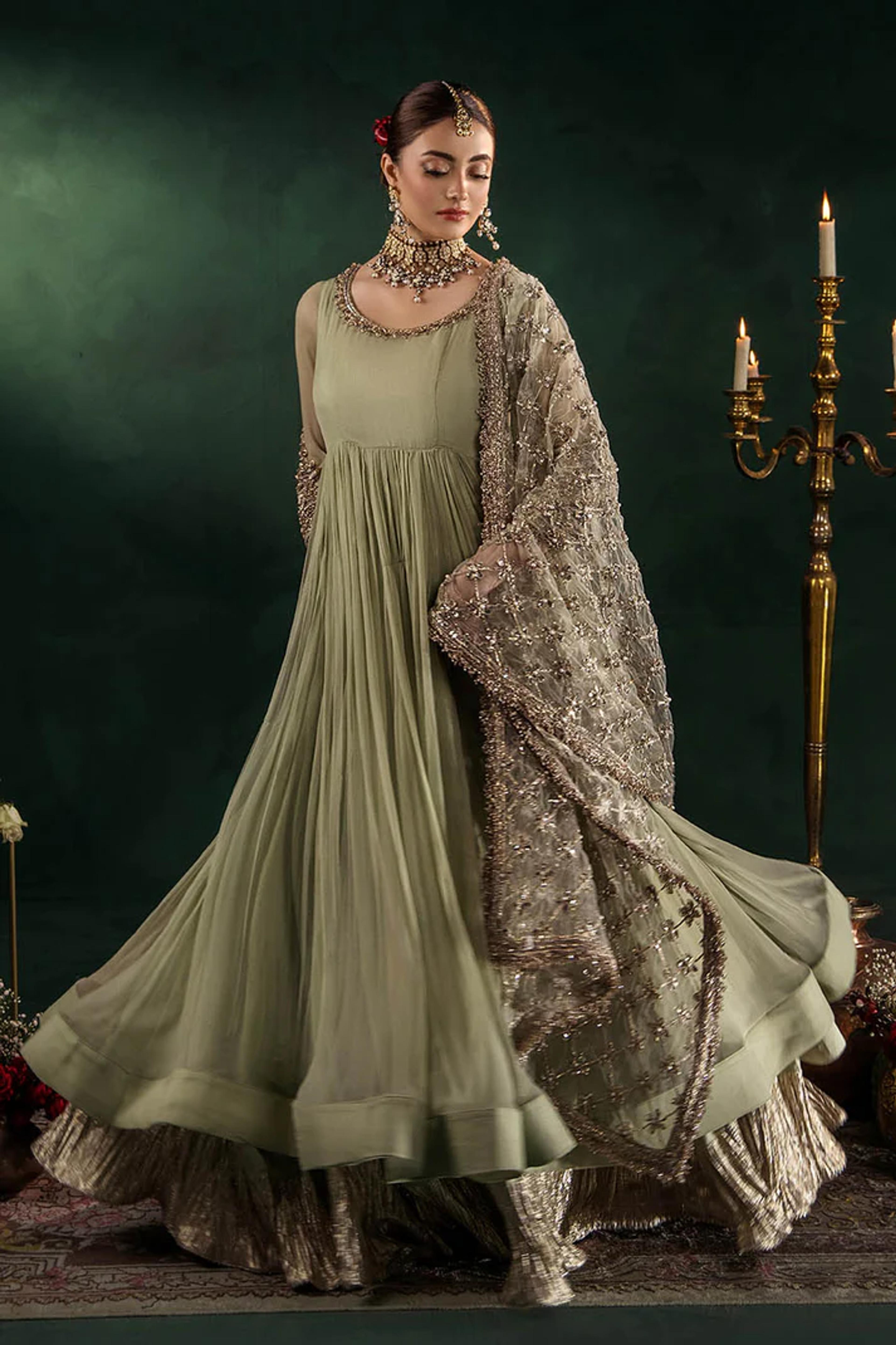 Hand-Embroidered Chiffon Suit with Sharara - Thumbnail 13