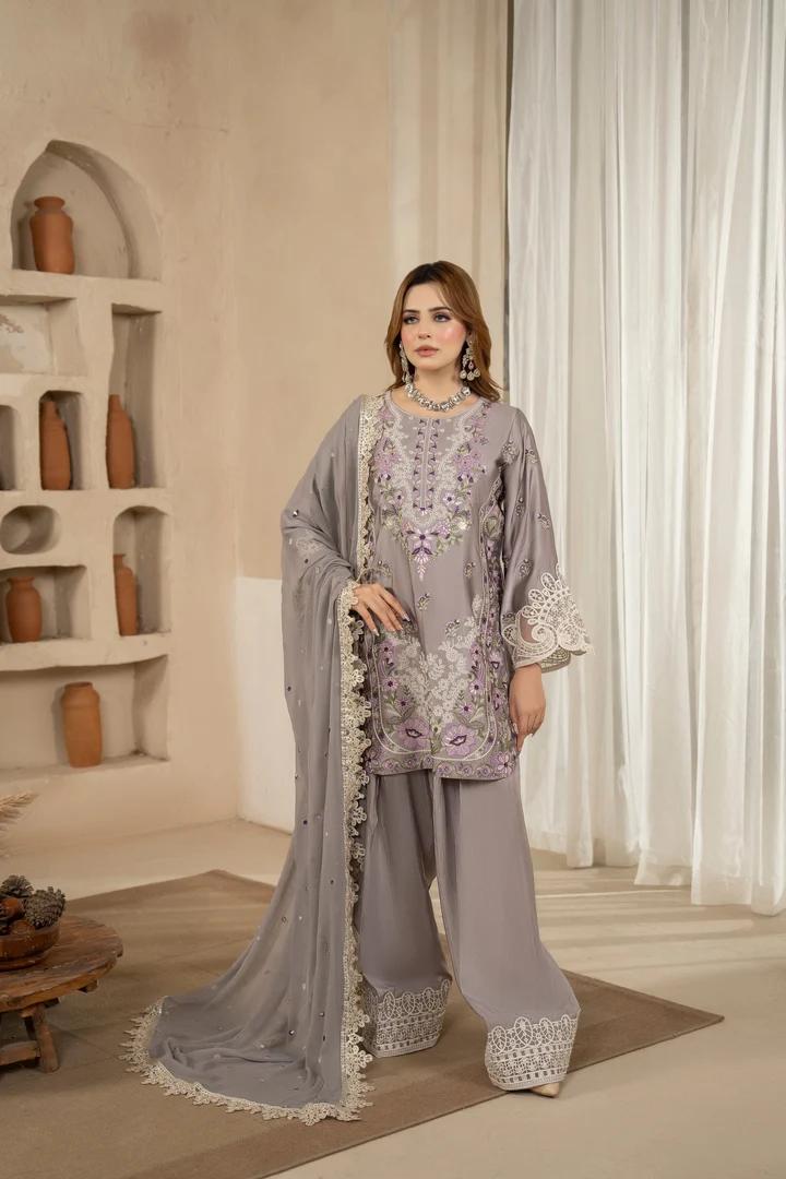 Multi Thread Embroidered Silk Suit - Image 9