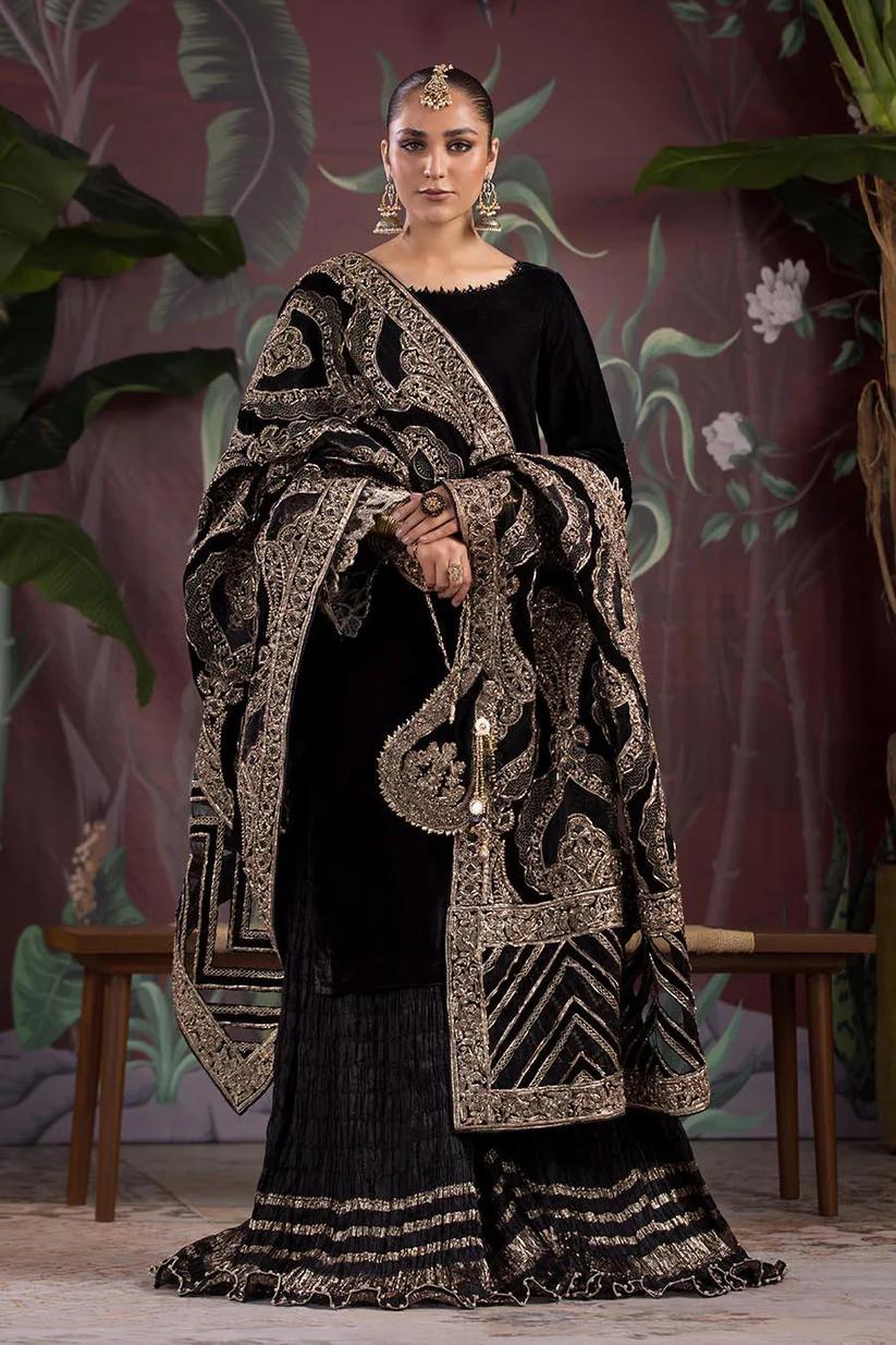 Embroidered Velvet Suit with Net Shawl - Image 4