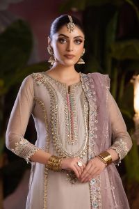 Organza Applique Shirt & Jamawar Shalwar Set - Thumbnail 8