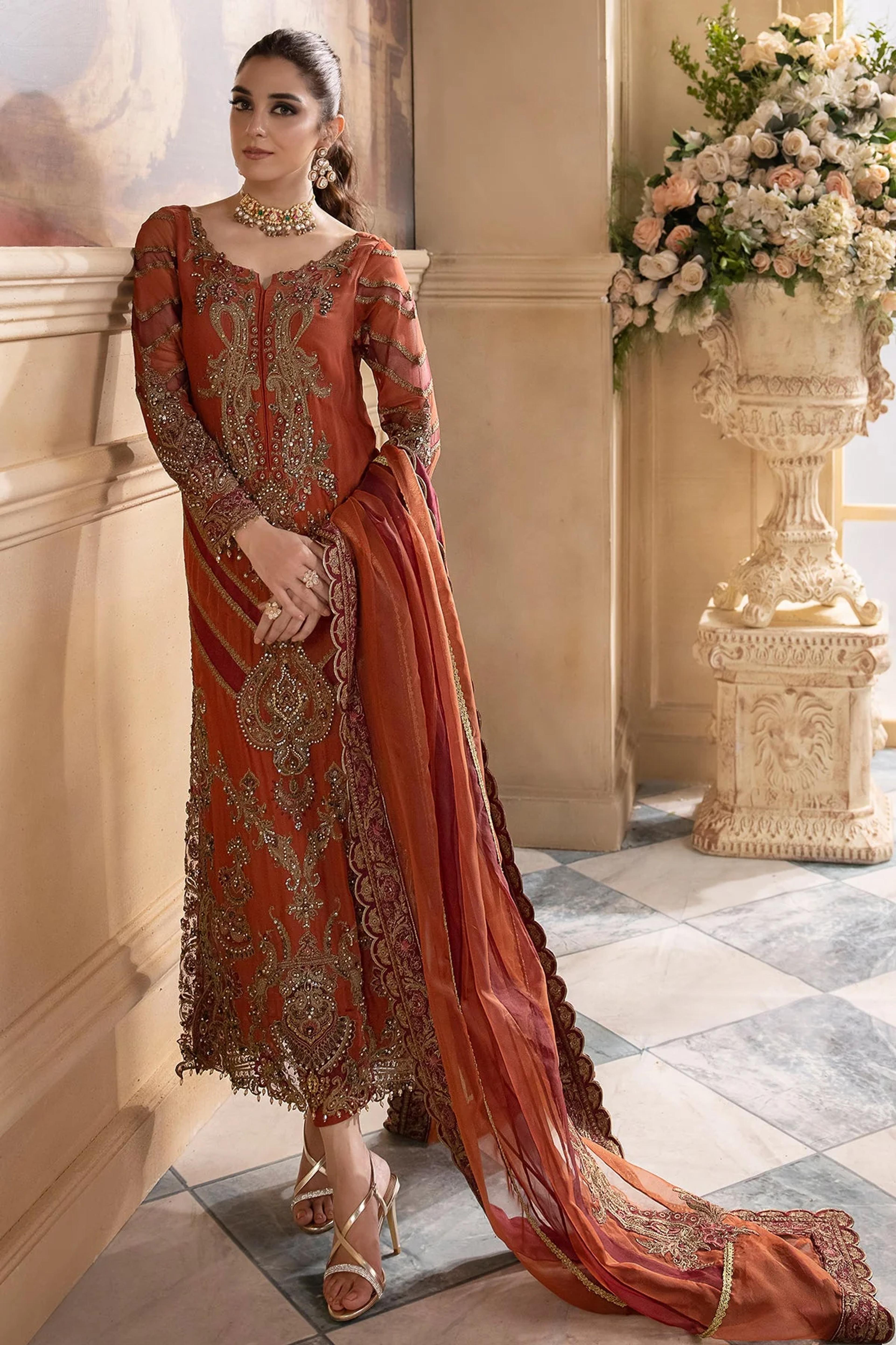 Embroidered Chiffon Suit with Organza Dupatta - Thumbnail 1
