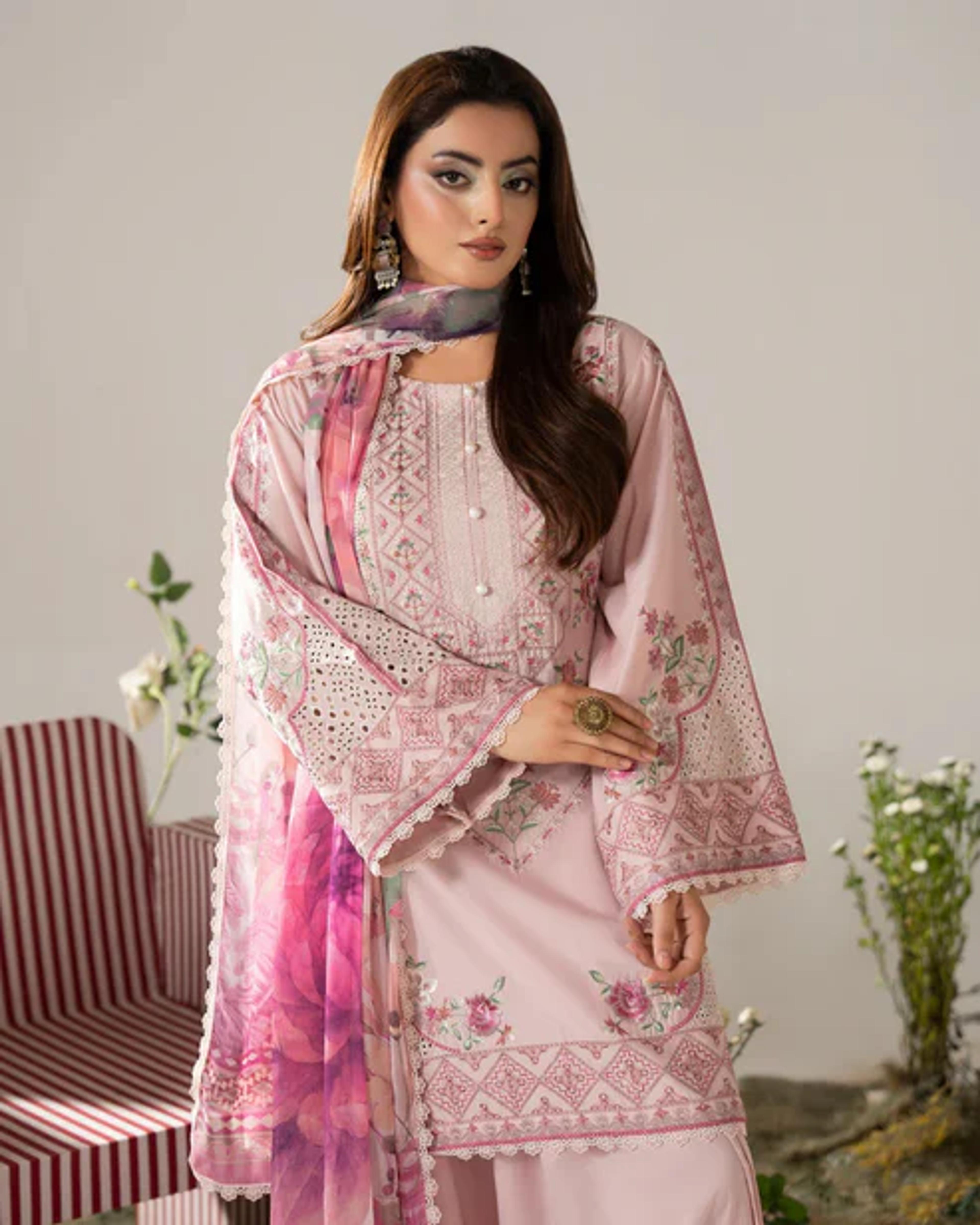 Embroidered Short Shirt with Farshi Shalwar - Thumbnail 13