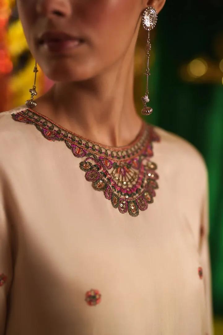 Beige Silk Suit with Printed Dupatta - Image 3
