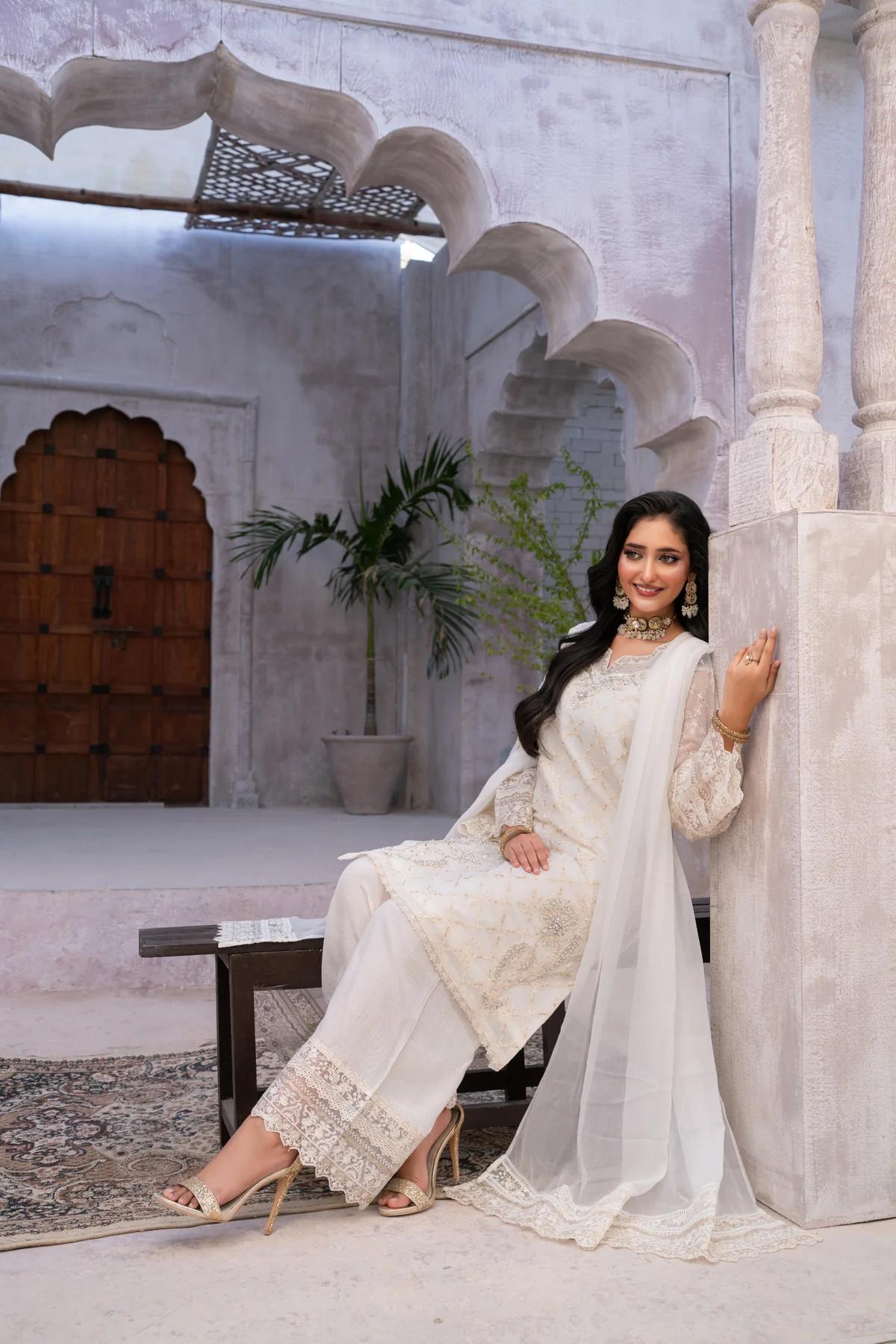 Shirt with Silver Kora Dabka Work & Trousers - Image 1