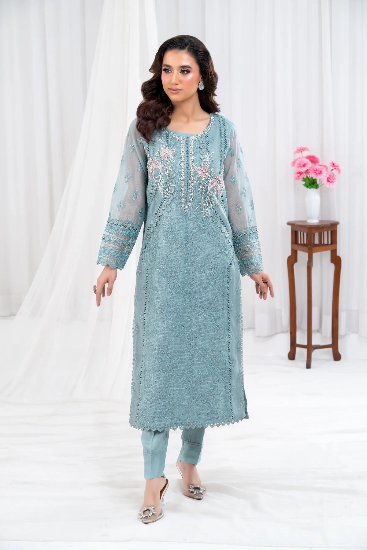 Khaddi Net Hand Embroidered Shirt & Raw Silk Trouser - Image 1