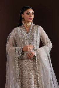 Embroidered Chiffon Suit with Trousers & Dupatta - Thumbnail 3