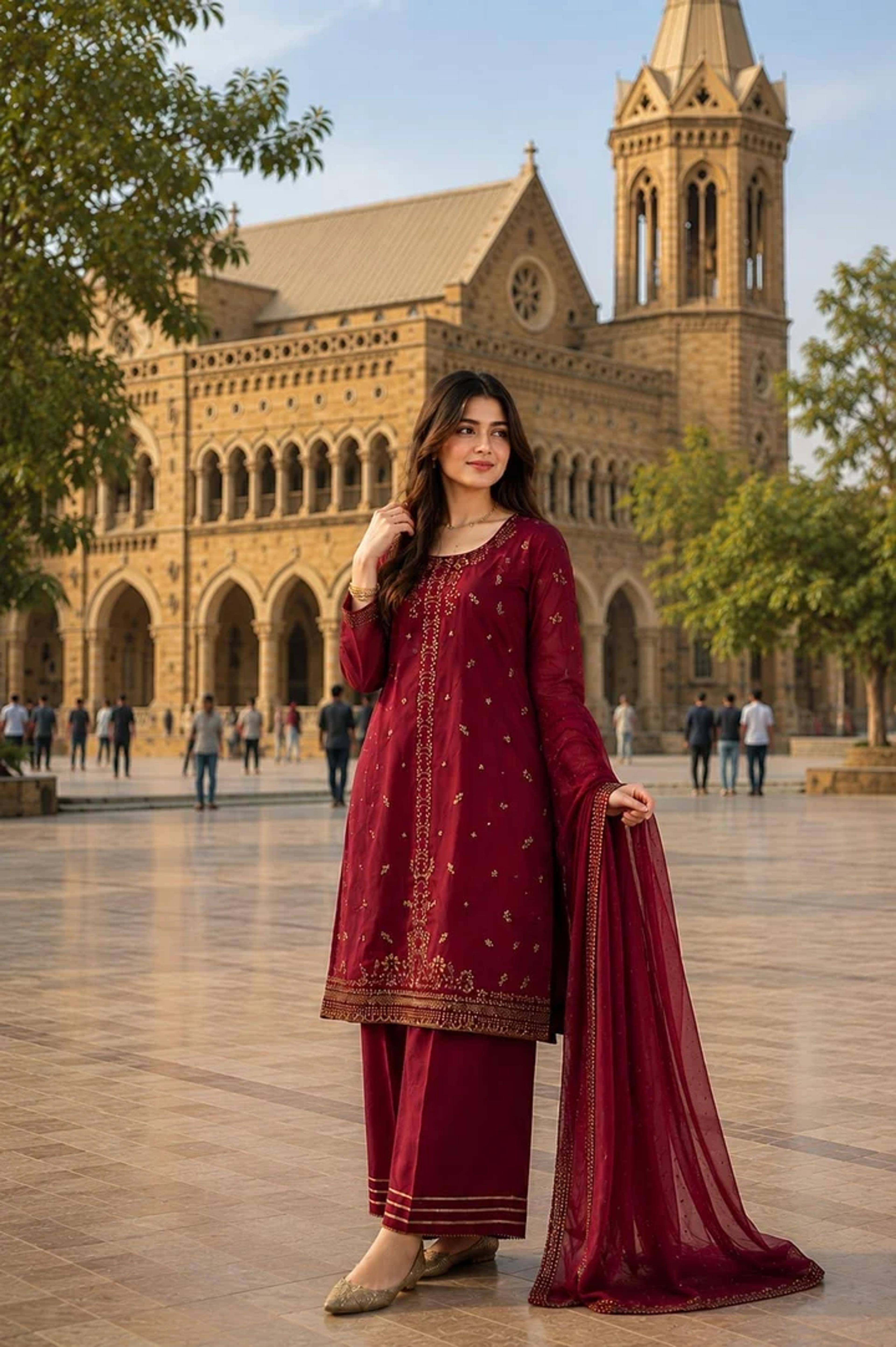 Raw Silk Suit with Flapper & Chiffon Dupatta - Thumbnail 3