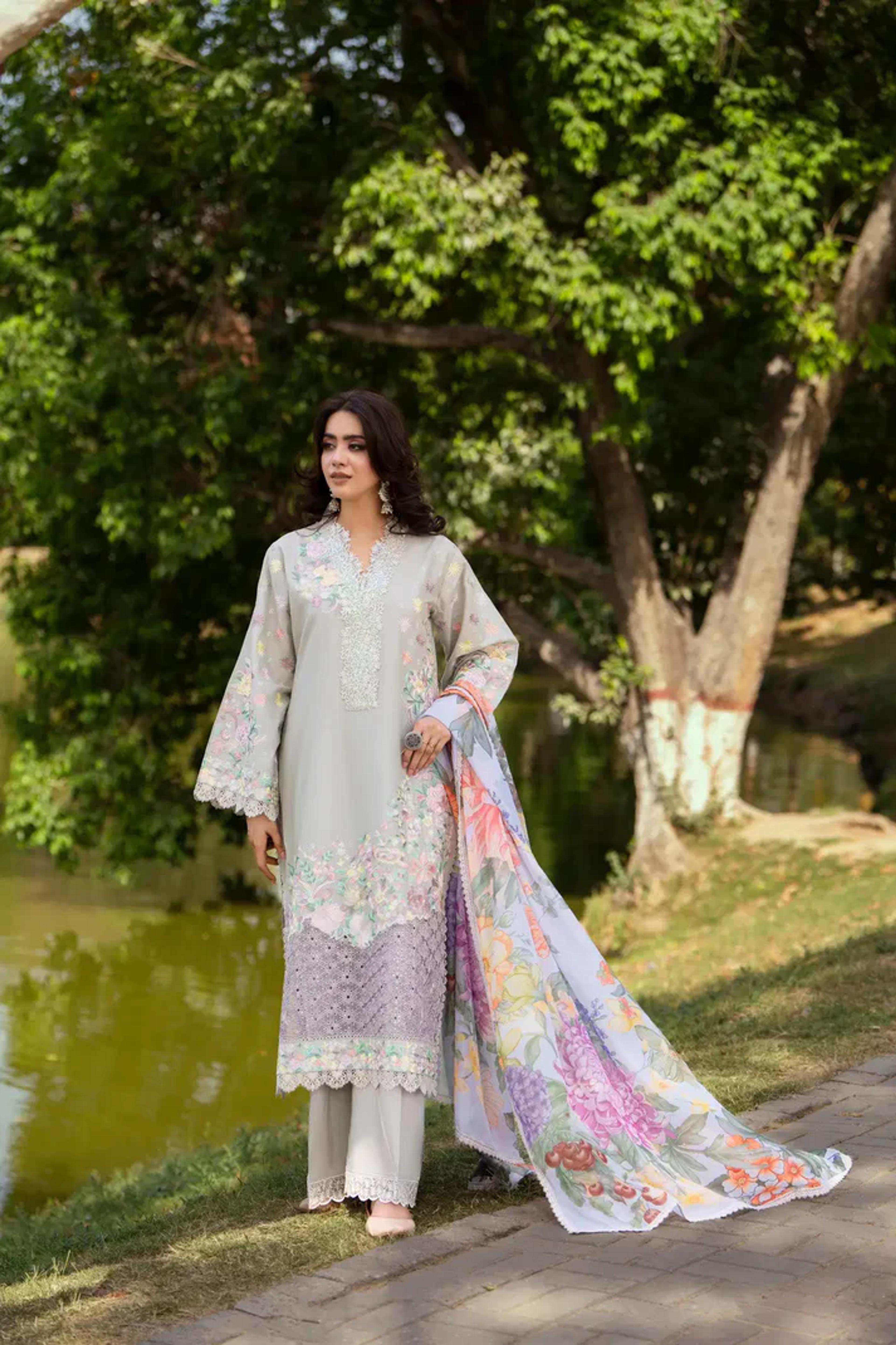 Thread-Work High-Neck Long Shirt with Printed Dupatta - Thumbnail 12