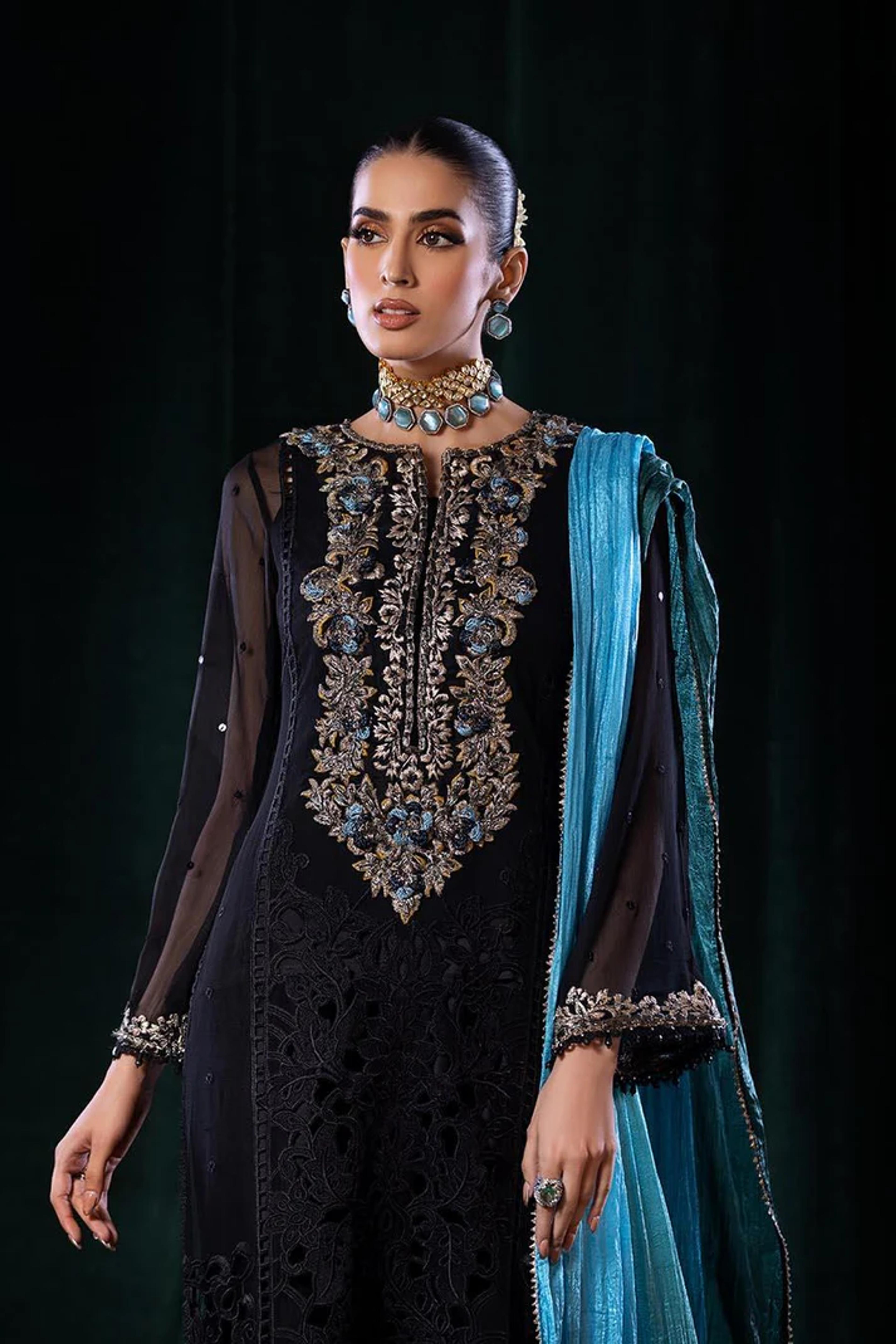 Pure Crinkle Chiffon Embroidered Suit with Silk Dupatta - Thumbnail 3