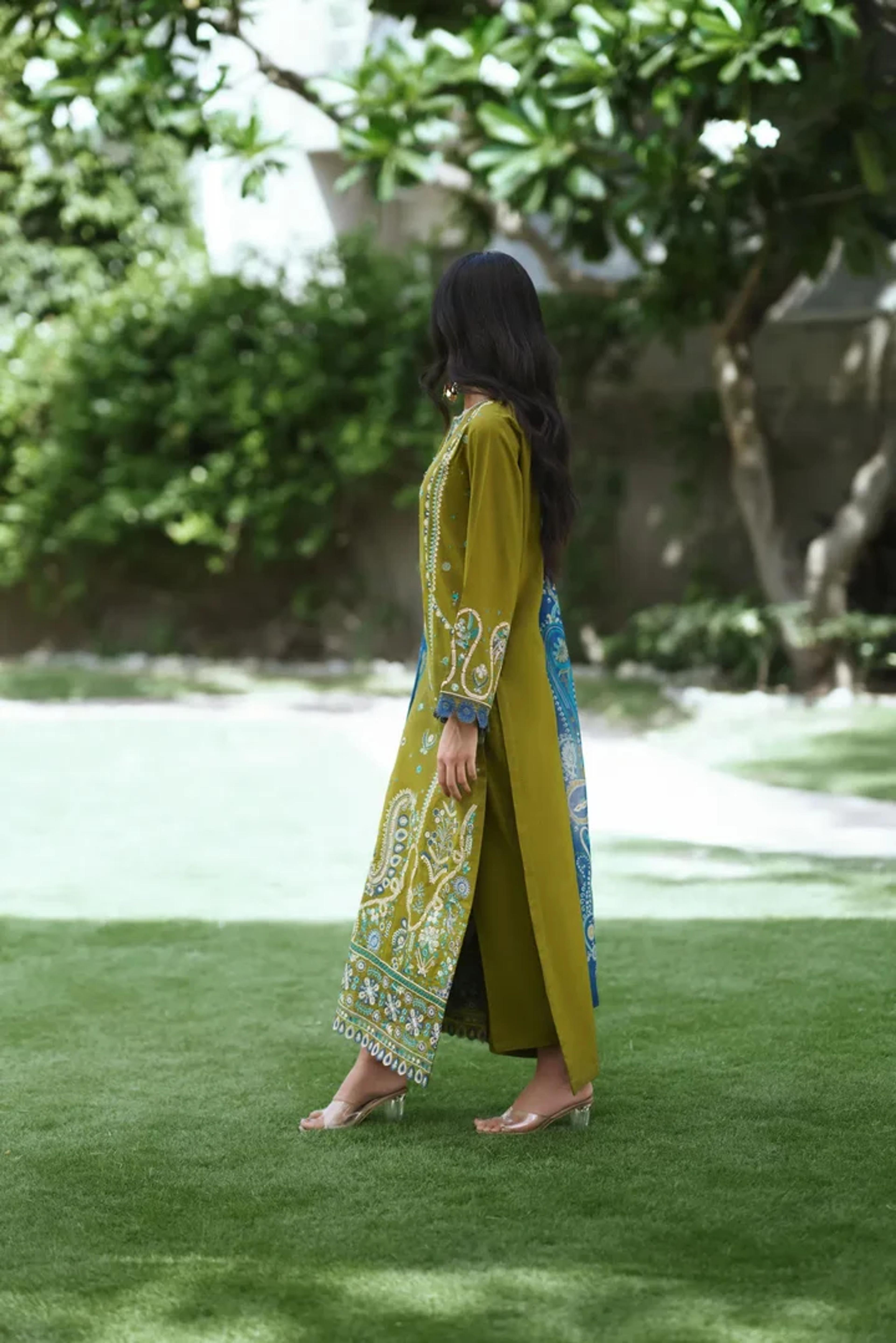 Mustard Meadow Lawn Suit & Azure Dupatta - Thumbnail 2
