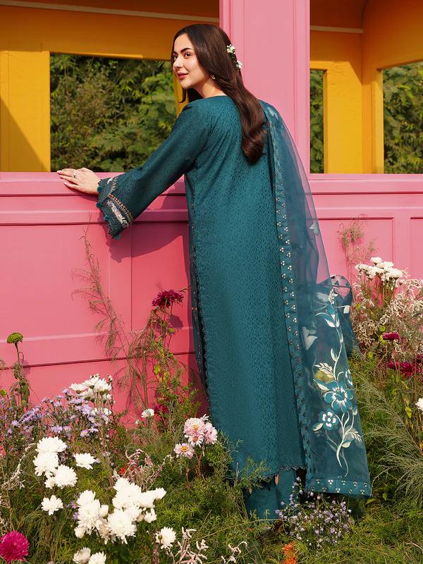 Chikankari Jacquard Suit with Hand-Painted Organza Dupatta - Image 3