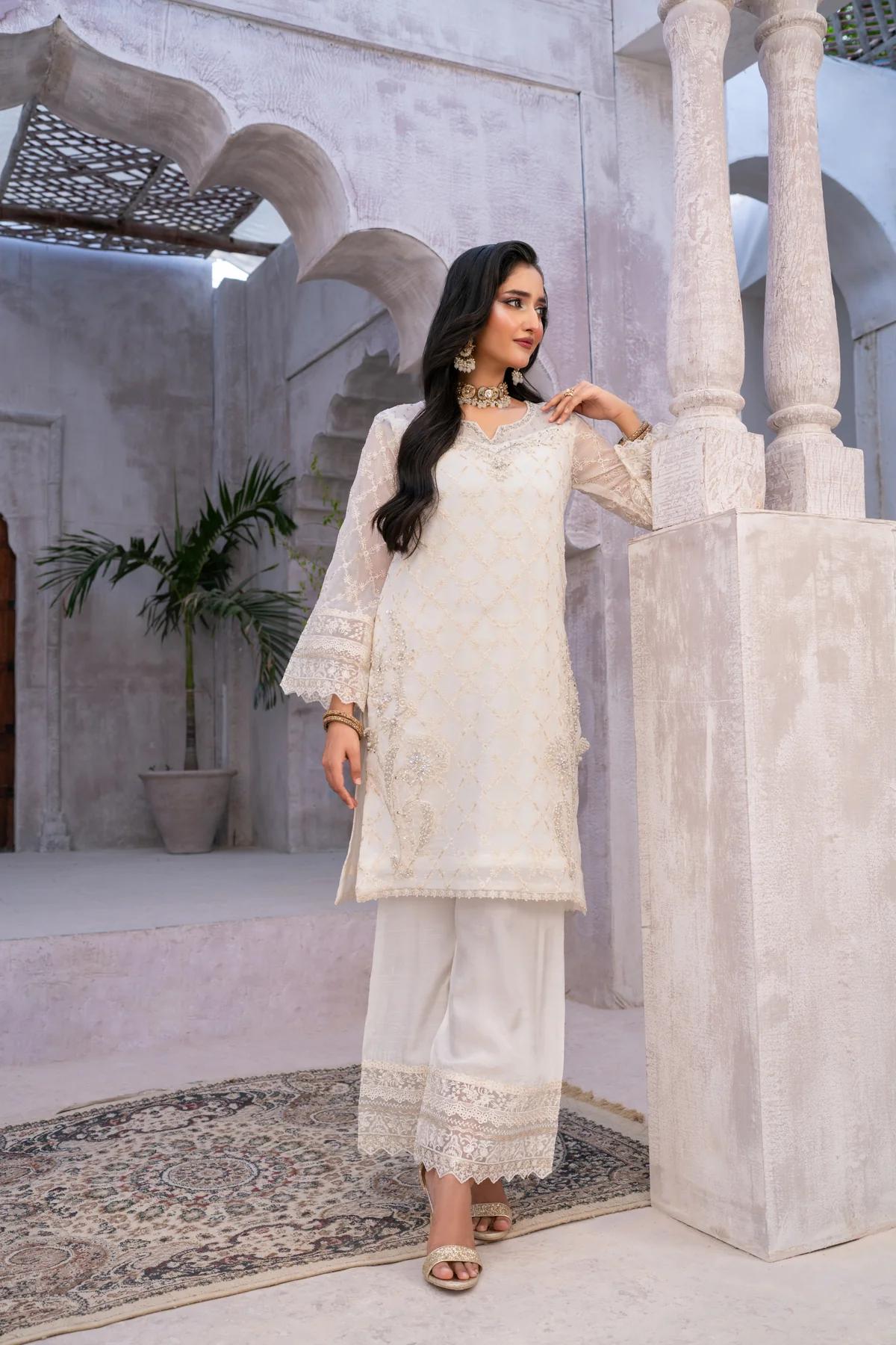 Shirt with Silver Kora Dabka Work & Trousers - Image 4