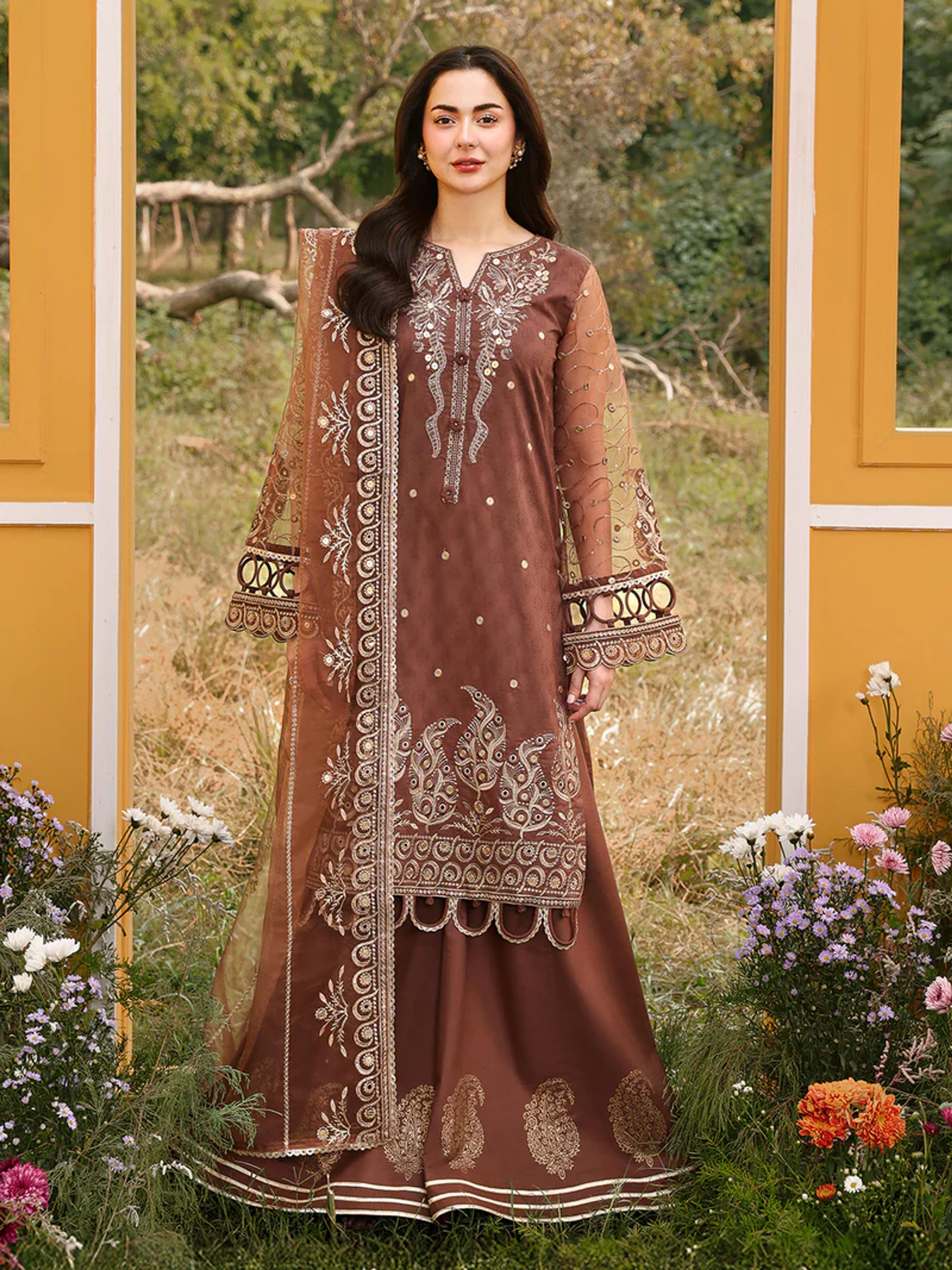 3D Floral Embroidered Suit with Sharara & Dupatta - Thumbnail 1