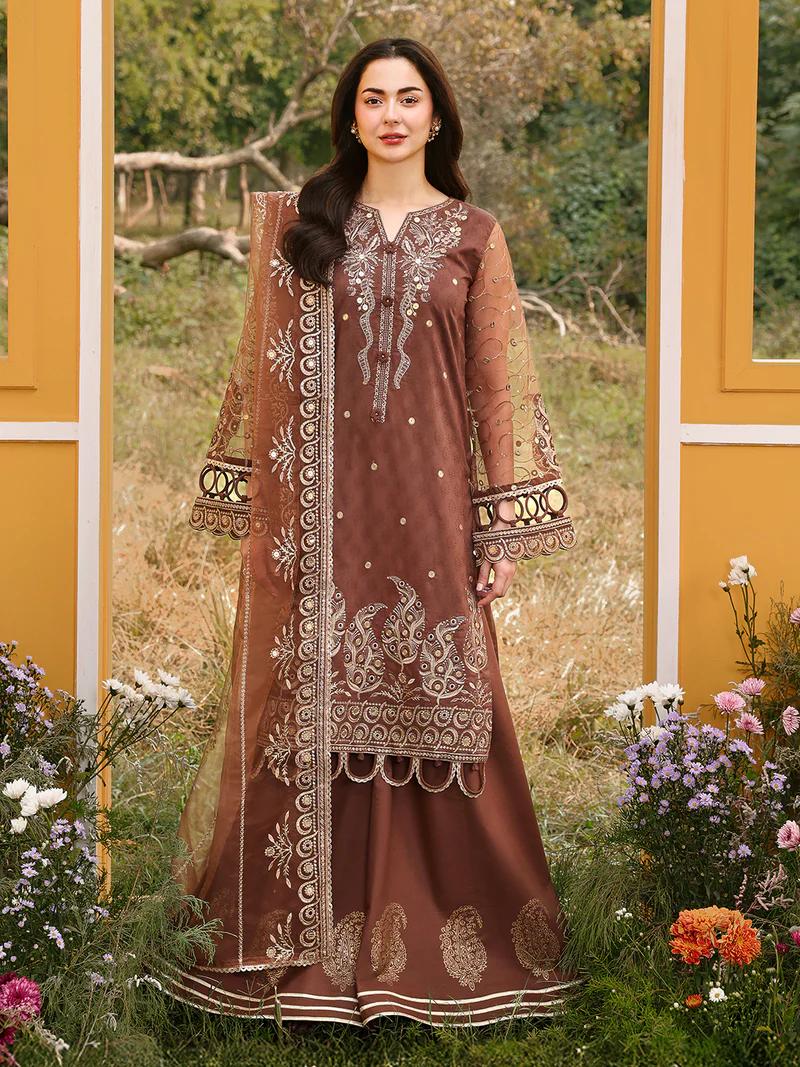 3D Floral Embroidered Suit with Sharara & Dupatta - Image 1