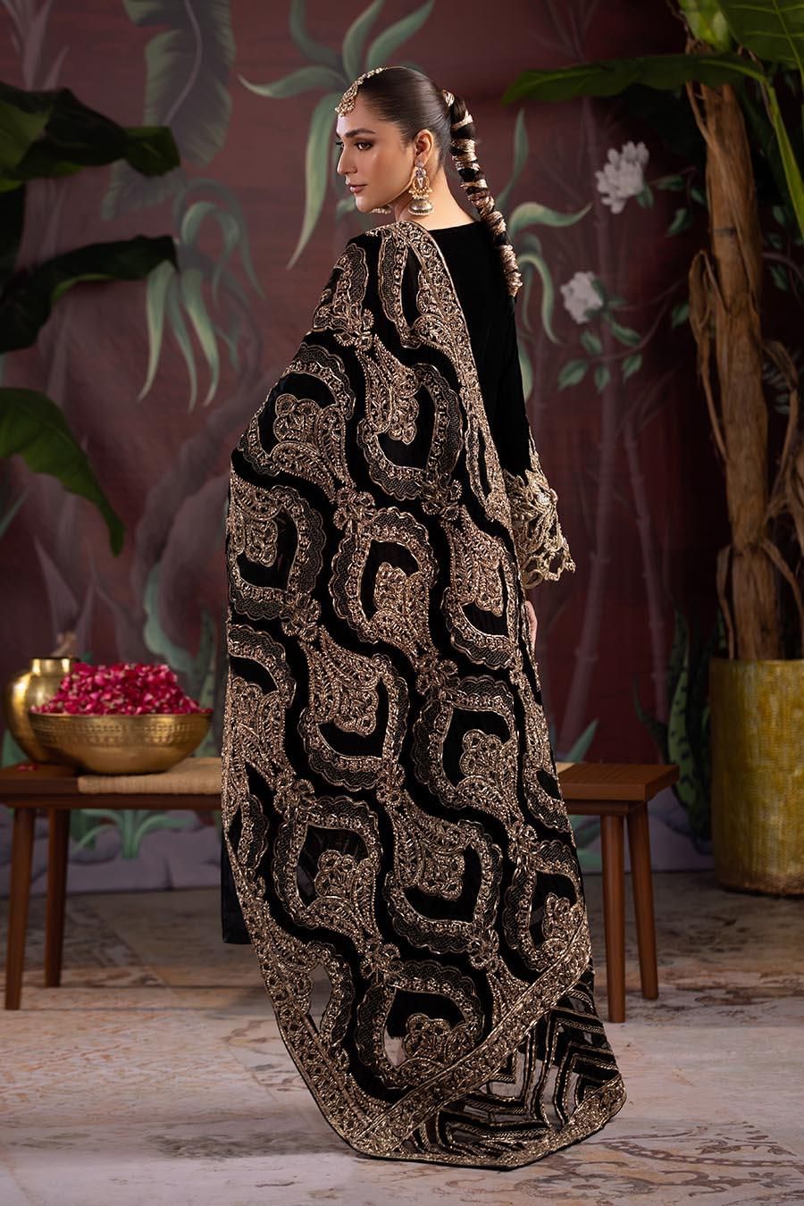 Embroidered Velvet Suit with Net Shawl - Image 3