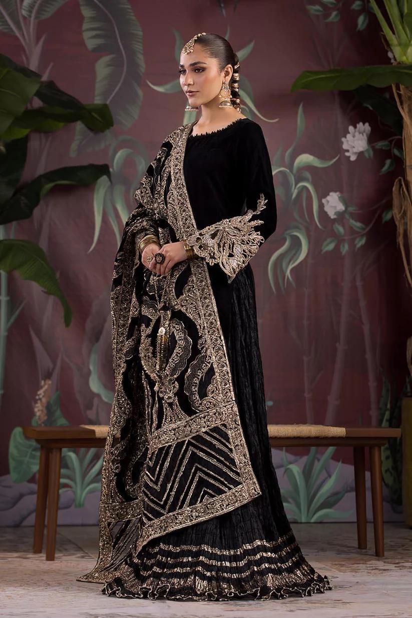Embroidered Velvet Suit with Net Shawl - Image 5