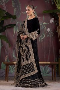 Embroidered Velvet Suit with Net Shawl - Thumbnail 5