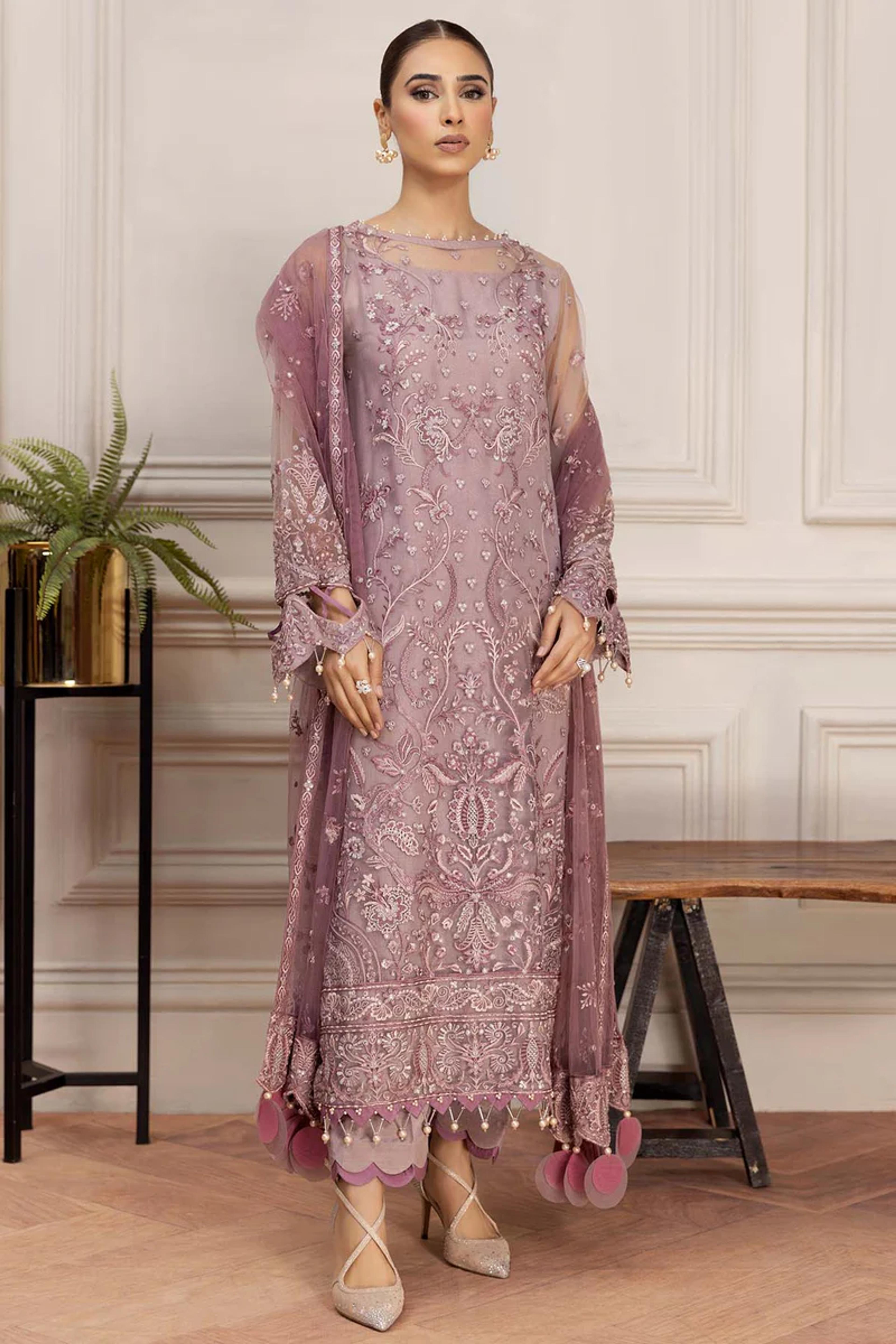 Embroidered Net Suit with Silk Trouser - Thumbnail 1