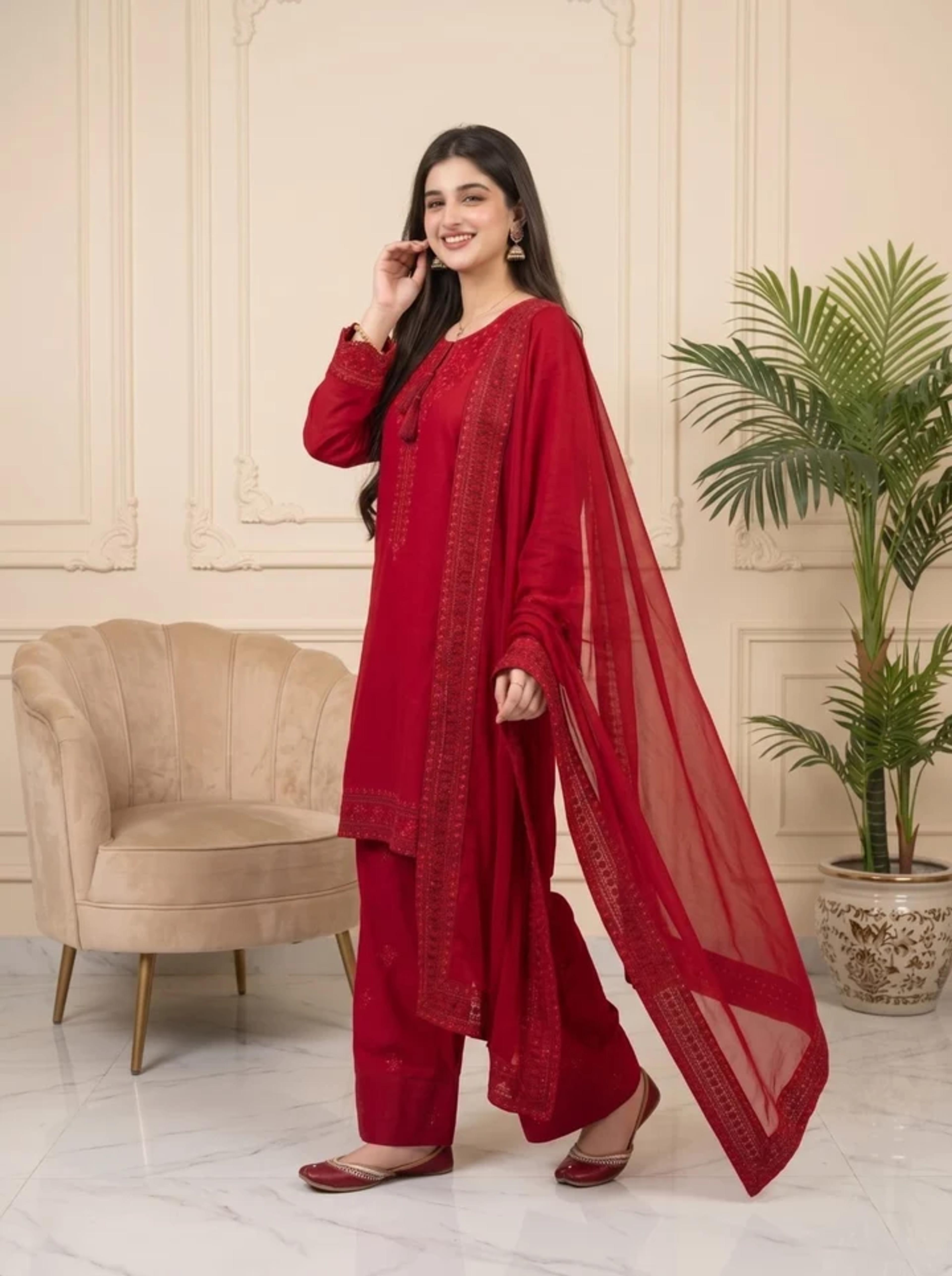 Ruby Elegance Suit with Tassel Detailing - Thumbnail 2