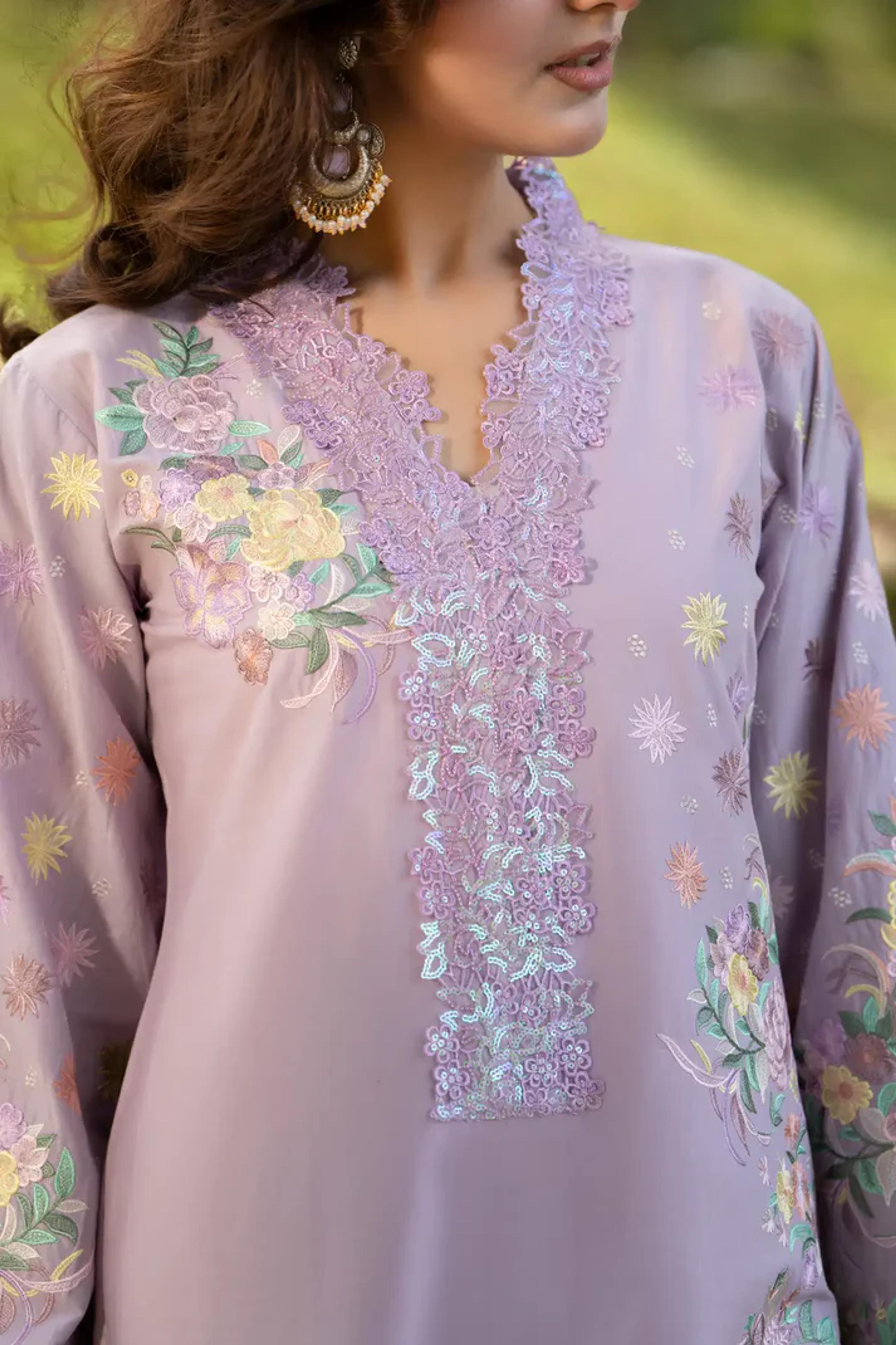 Thread-Work High-Neck Long Shirt with Printed Dupatta - Thumbnail 4