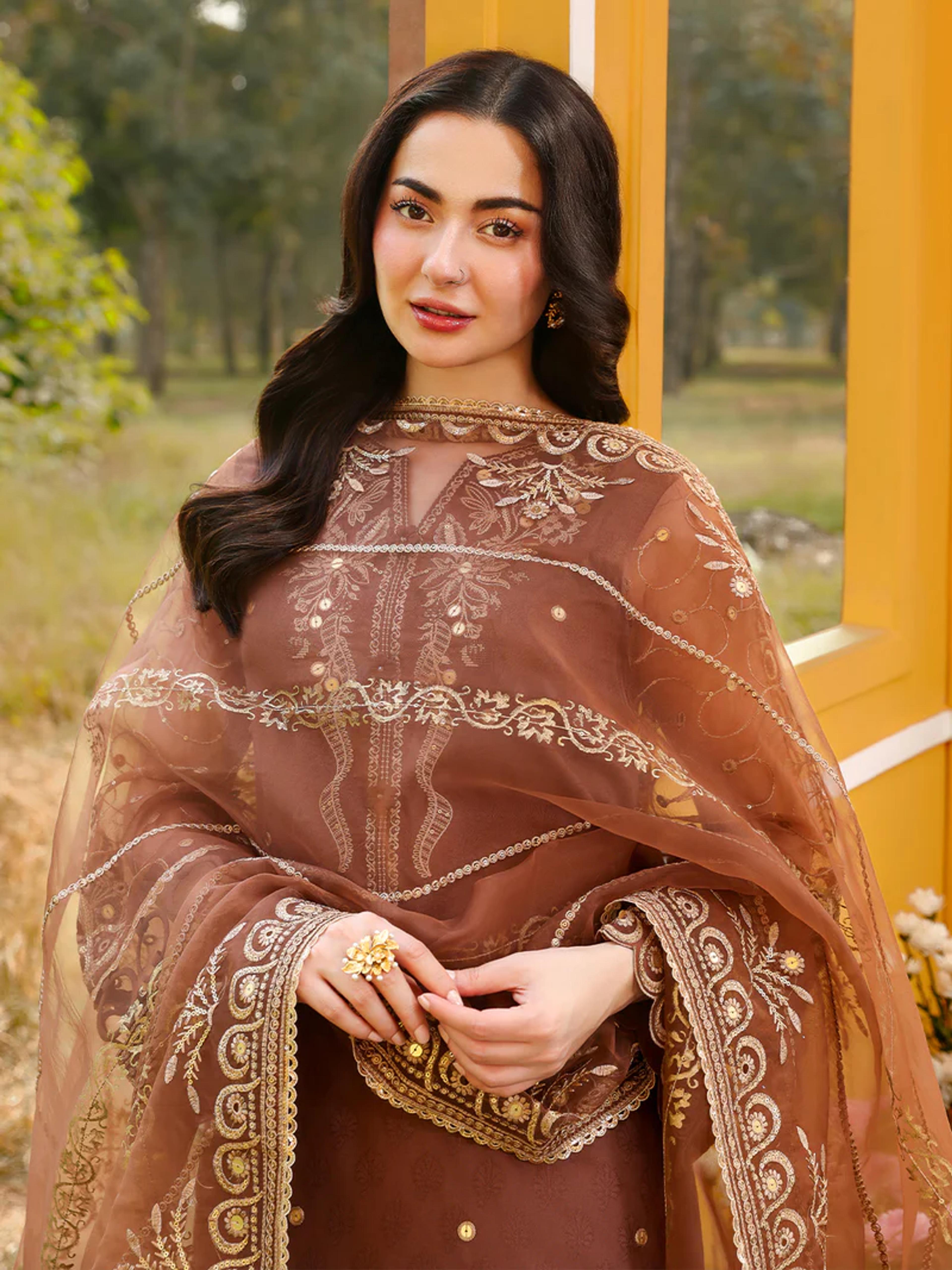 3D Floral Embroidered Suit with Sharara & Dupatta - Thumbnail 2