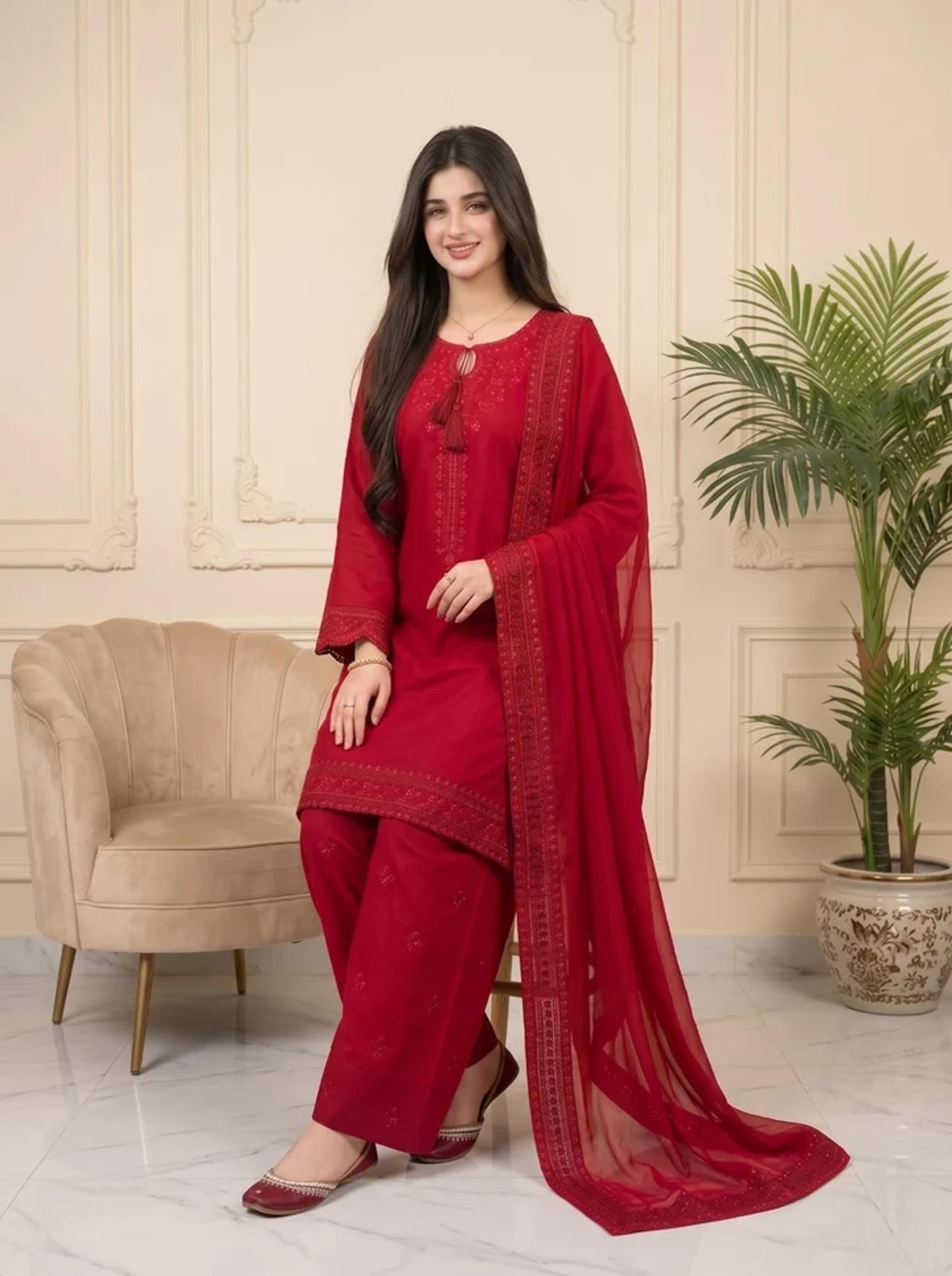 Ruby Elegance Suit with Tassel Detailing - Thumbnail 4