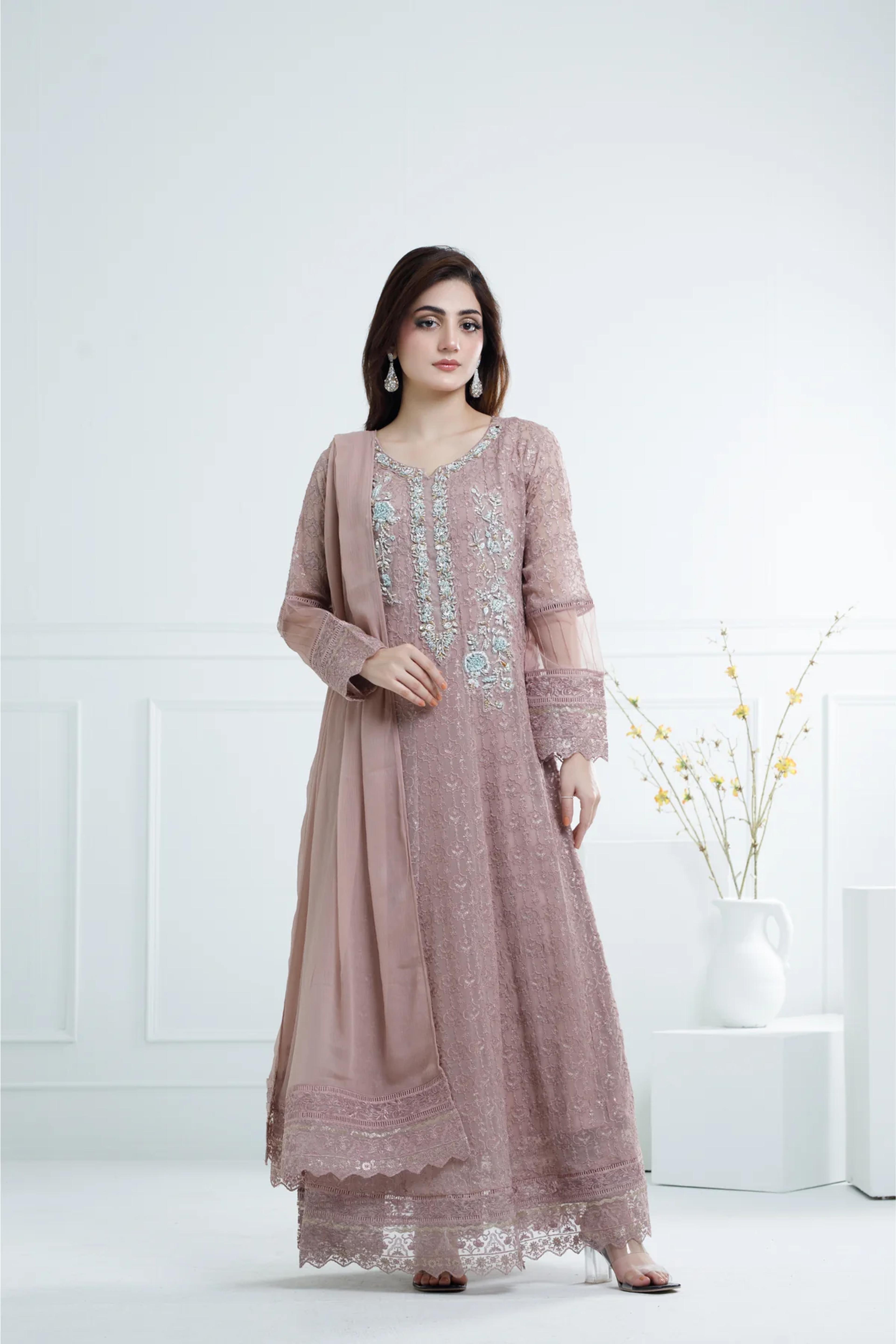 Chiffon Hand-Worked Long Frock - Thumbnail 7