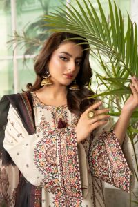 Kashmiri Embroidered Long Shirt with Silk Dupatta - Thumbnail 3