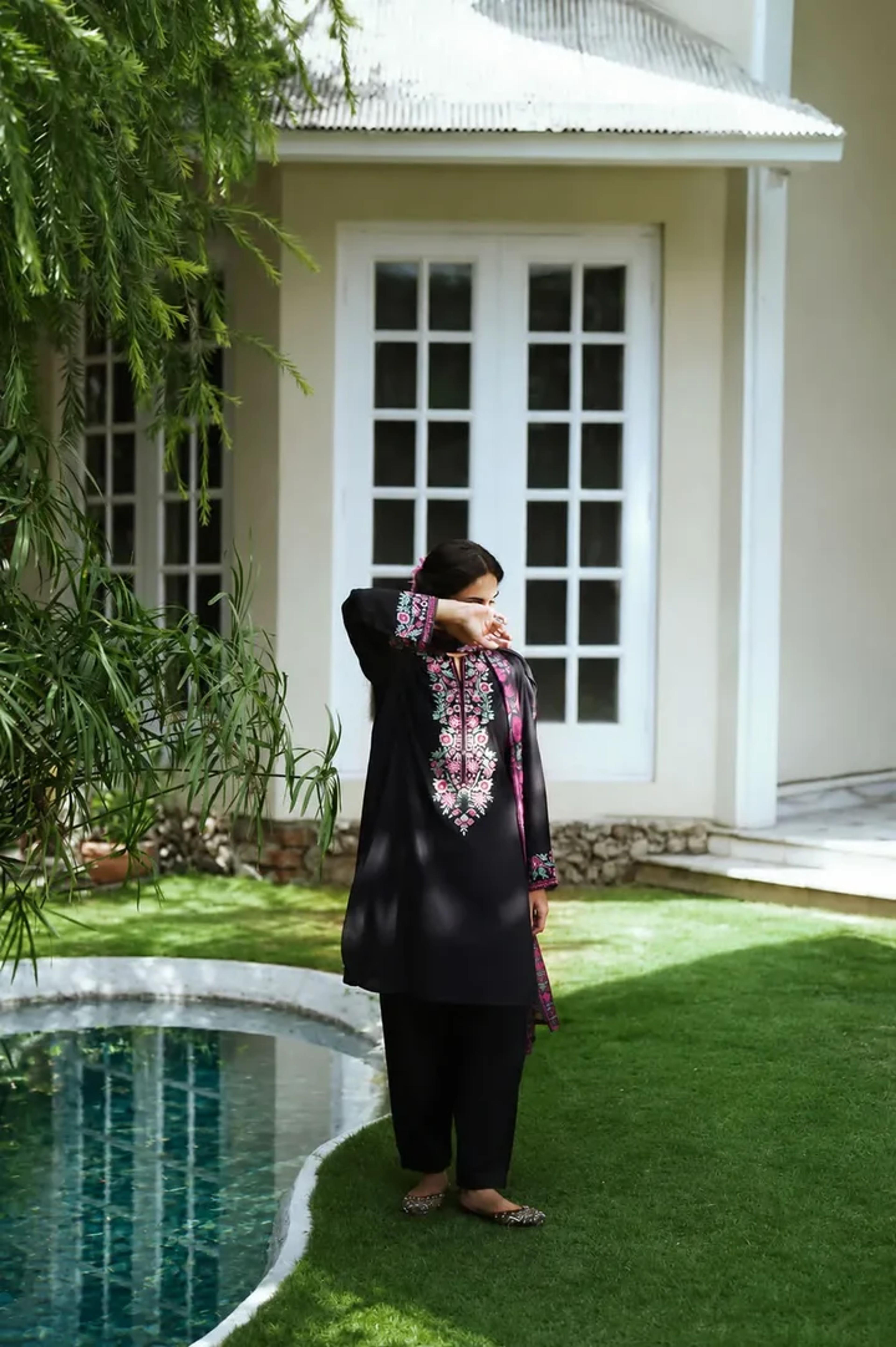 Black Cotton Lawn Suit with Silk Dupatta