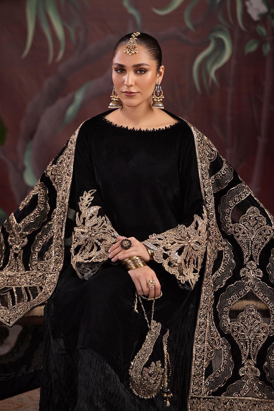 Embroidered Velvet Suit with Net Shawl - Image 2