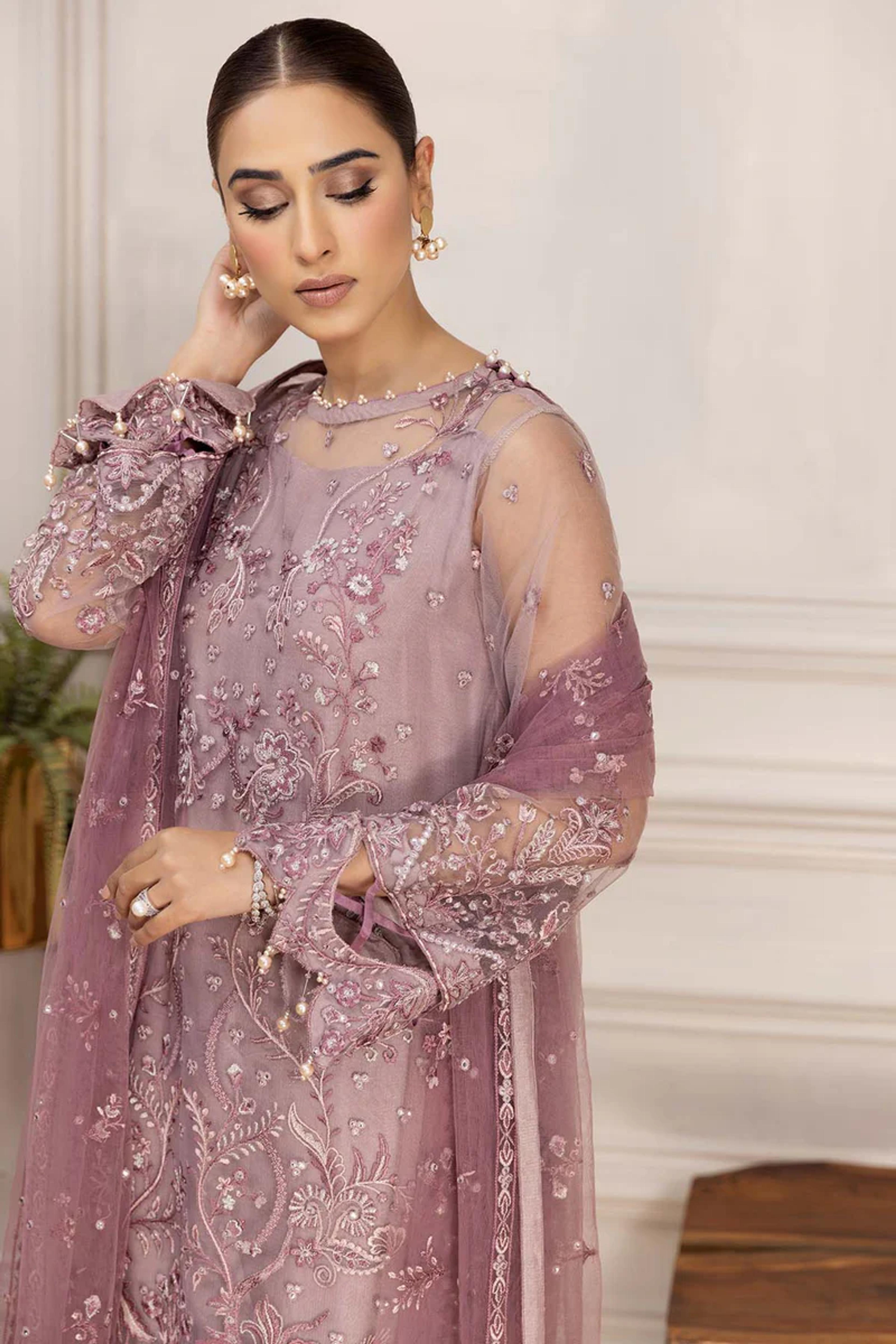 Embroidered Net Suit with Silk Trouser - Thumbnail 3