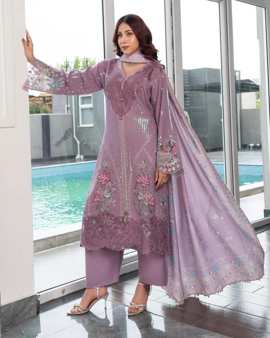 Embroidered Dhanak 3 Piece Suit - Image 4
