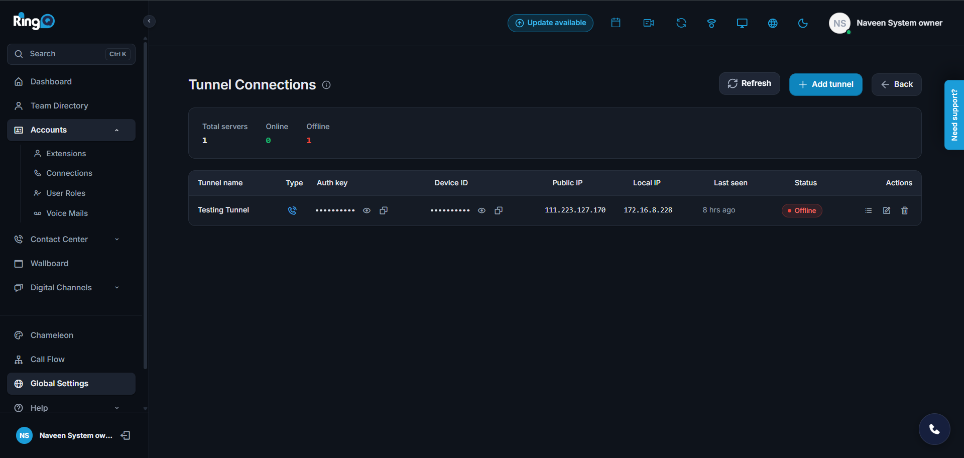 The new tunnel in the list, still Offline