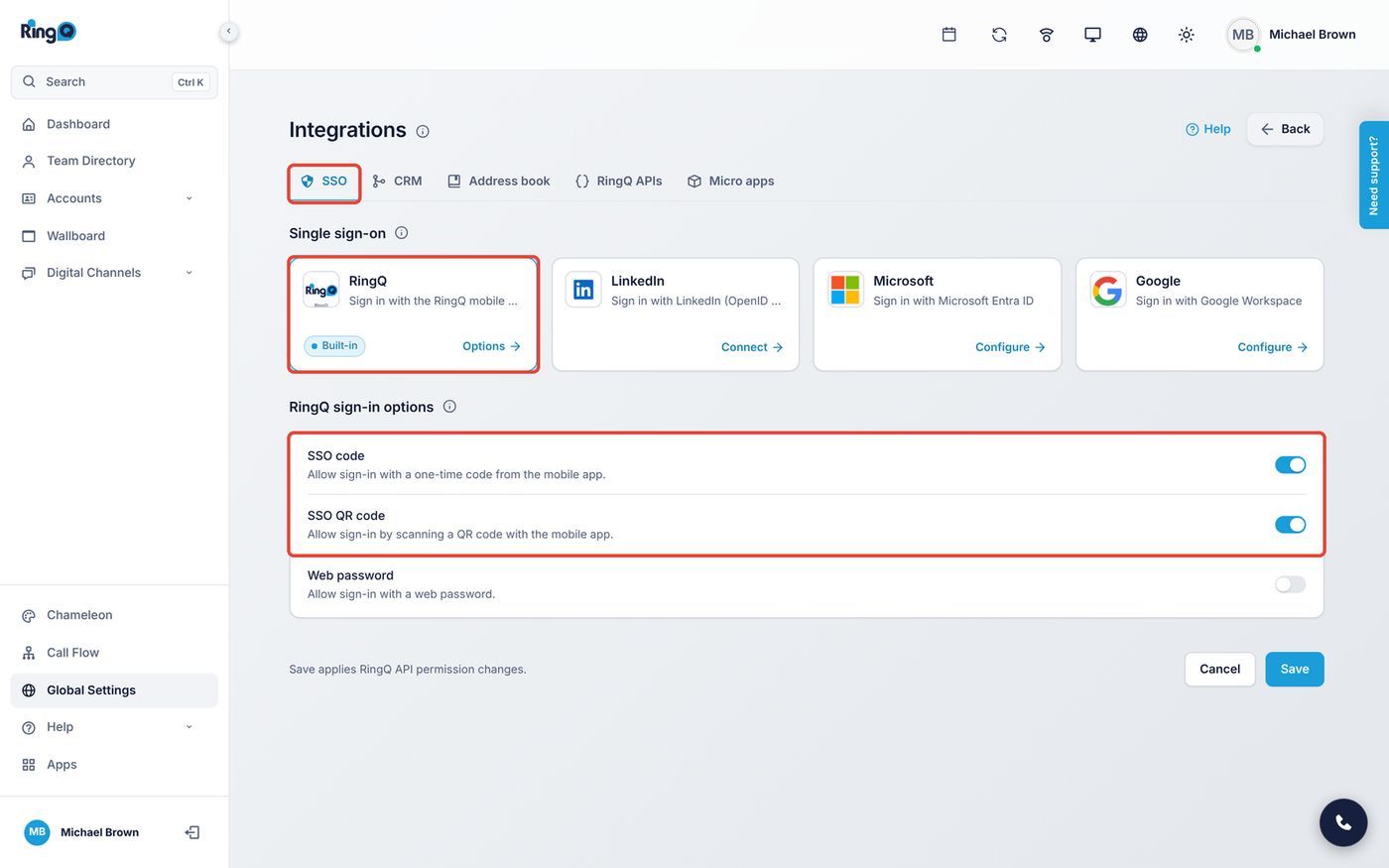 Integrations > SSO > RingQ sign-in options