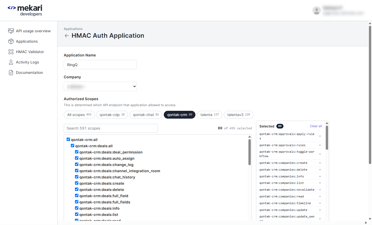 Mekari HMAC Auth Application form: name RingQ, company, qontak-crm filter with qontak-crm:all ticked