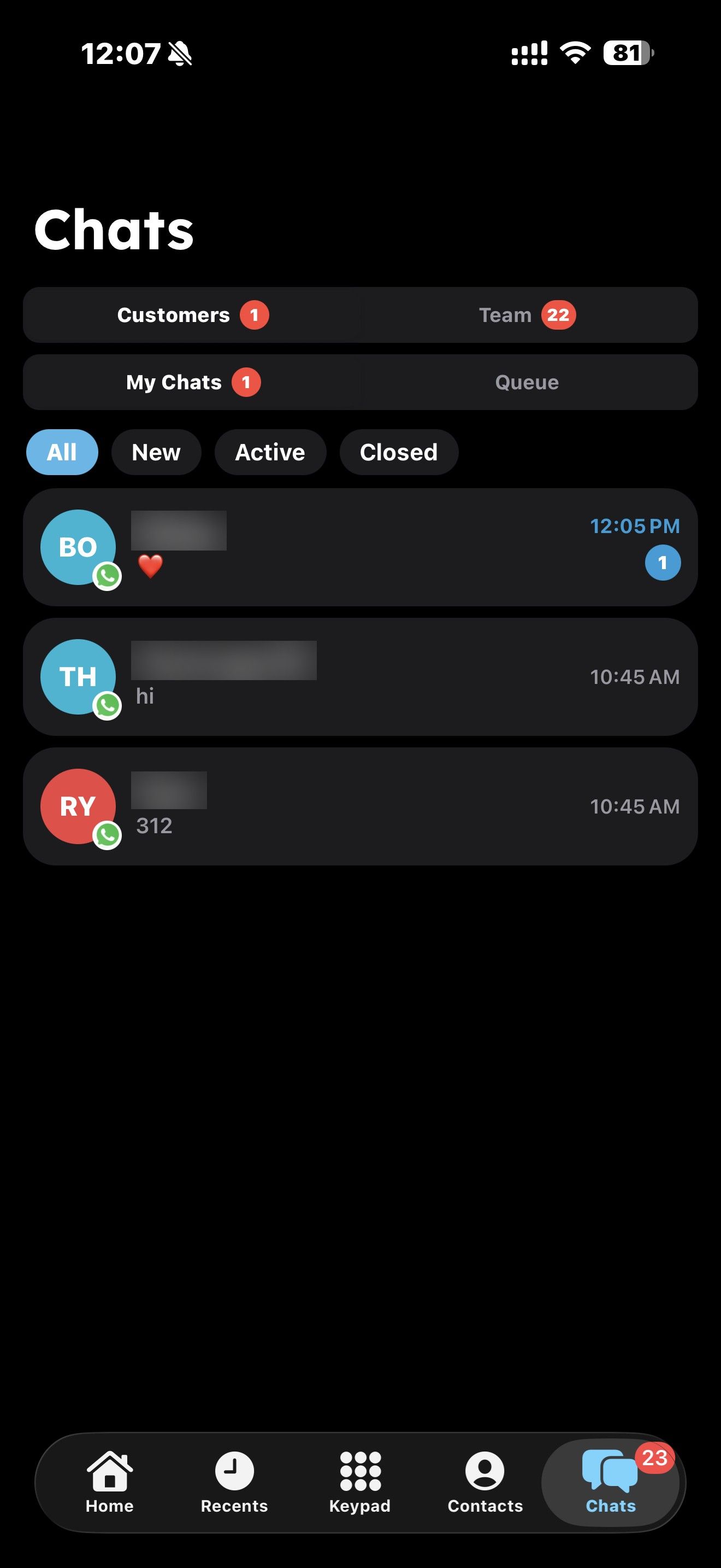 Customer chats assigned to me in the RingQ iPhone app
