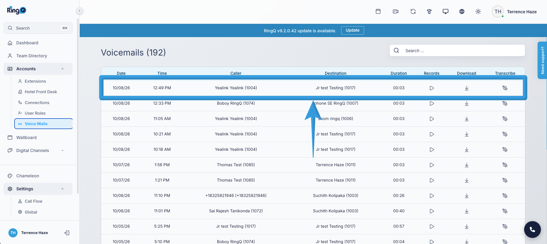 Testing the AI Transcription: To access the reports, go to Accounts > Voicemails or Settings > Global