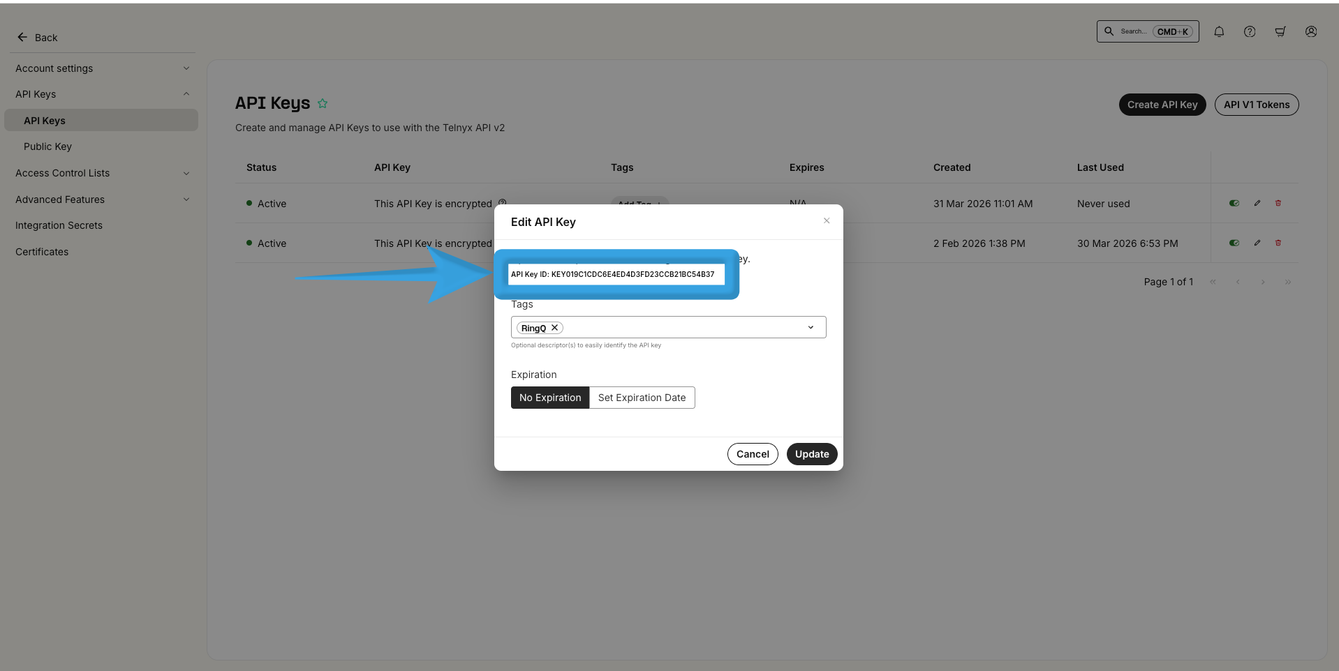Telnyx API Key ID