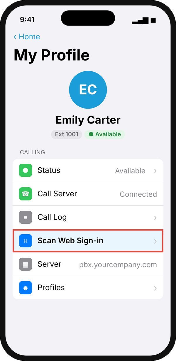 My Profile > Calling > Scan Web Sign-in