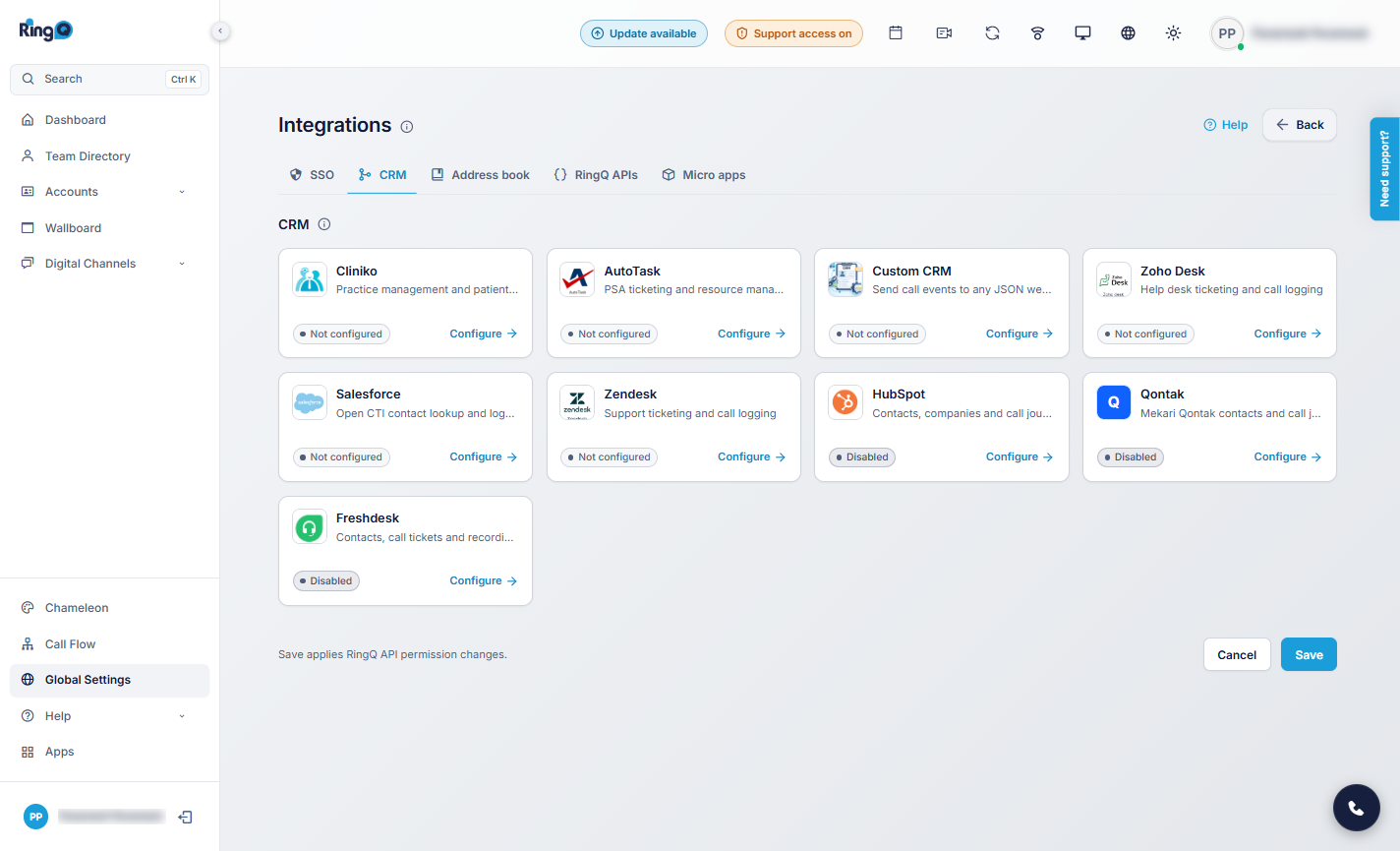 RingQ Integrations → CRM tab with the HubSpot, Qontak and Freshdesk cards